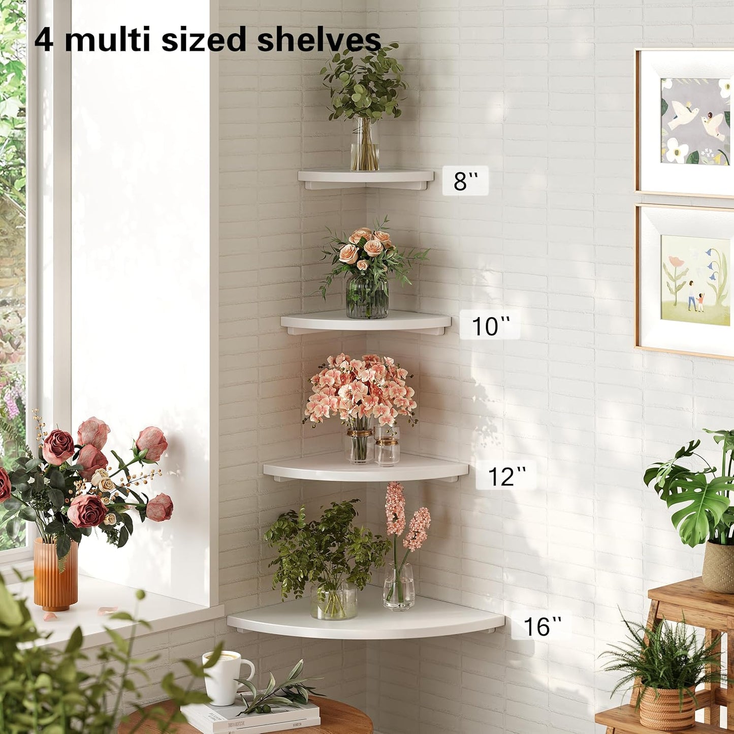 Floating Corner Shelves White 12", Solid Oak Wall Mounted Wooden Display Storage Rack with Wire Hole for Plants, Photos, Speakers, Bedroom, Kitchen, Living Room Décor - 1-Pack