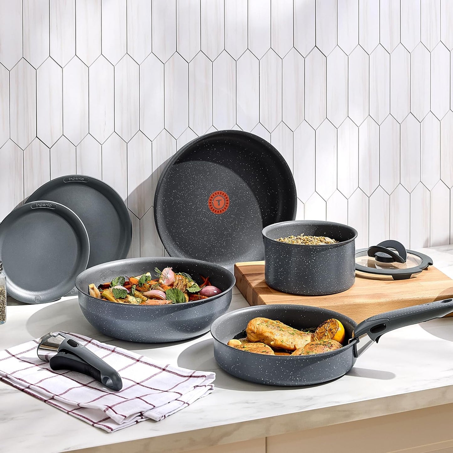 T-fal Ingenio Essentials Cookware Set with Detachable/Removable Handle 11 Piece, Granite Titanium Non Stick, Oven Broiler Safe 500F, Stackable, Pots and Pans Set, Frying Pans, Dishwasher Safe, Gray