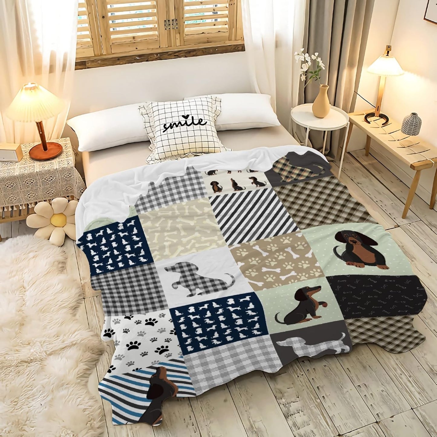 Dachshund Blanket - Cute Wiener Dog Gifts for Women - Lightweight Cozy Flannel Fleece Throw - 60"x50"
