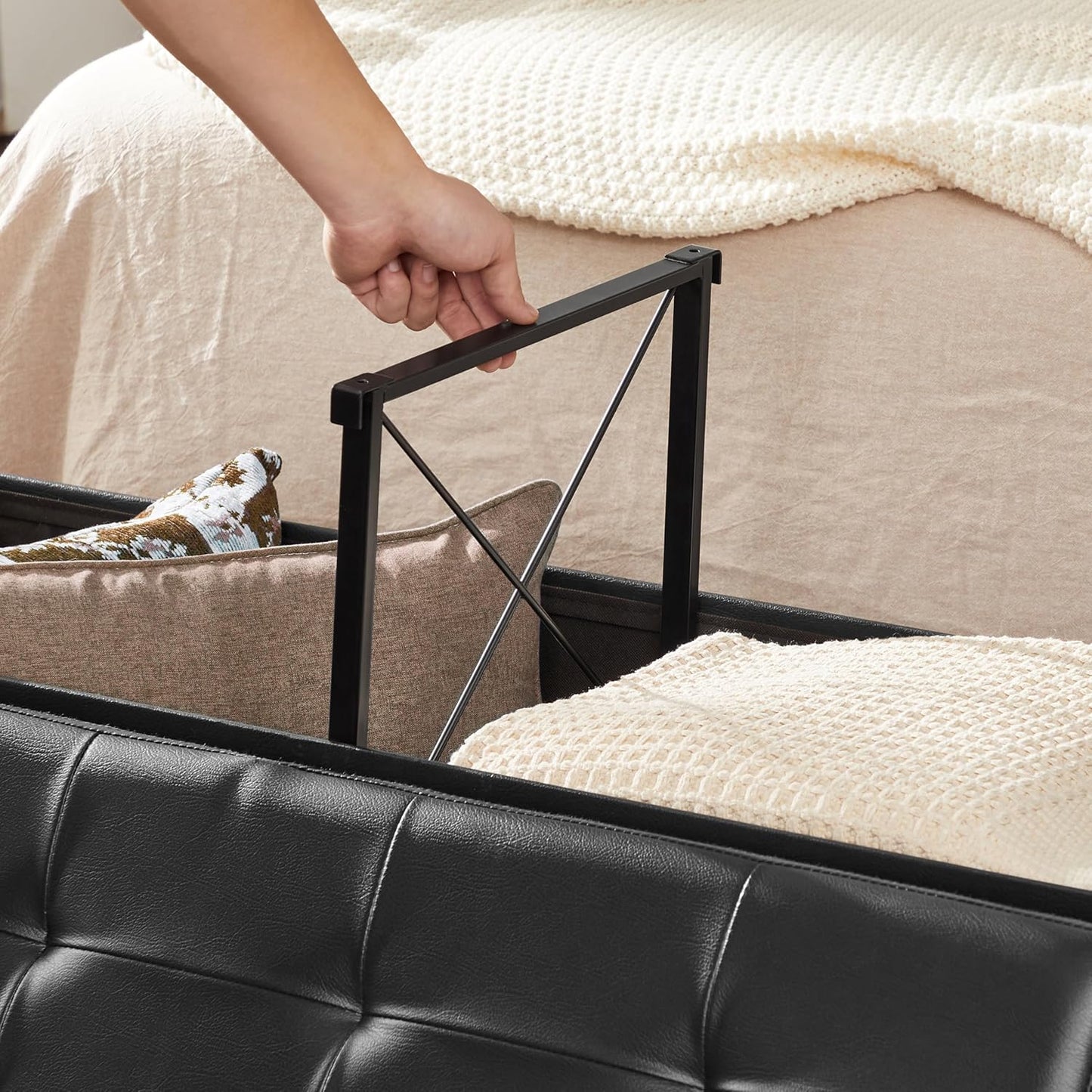 SONGMICS MAZIE Collection - 43 Inches Storage Ottoman Bench with Flipping Lid, Storage Chest with Iron Frame Support, Load 660 lb, for Living Room, Bedroom, Synthetic Leather, Black ULSF75BK
