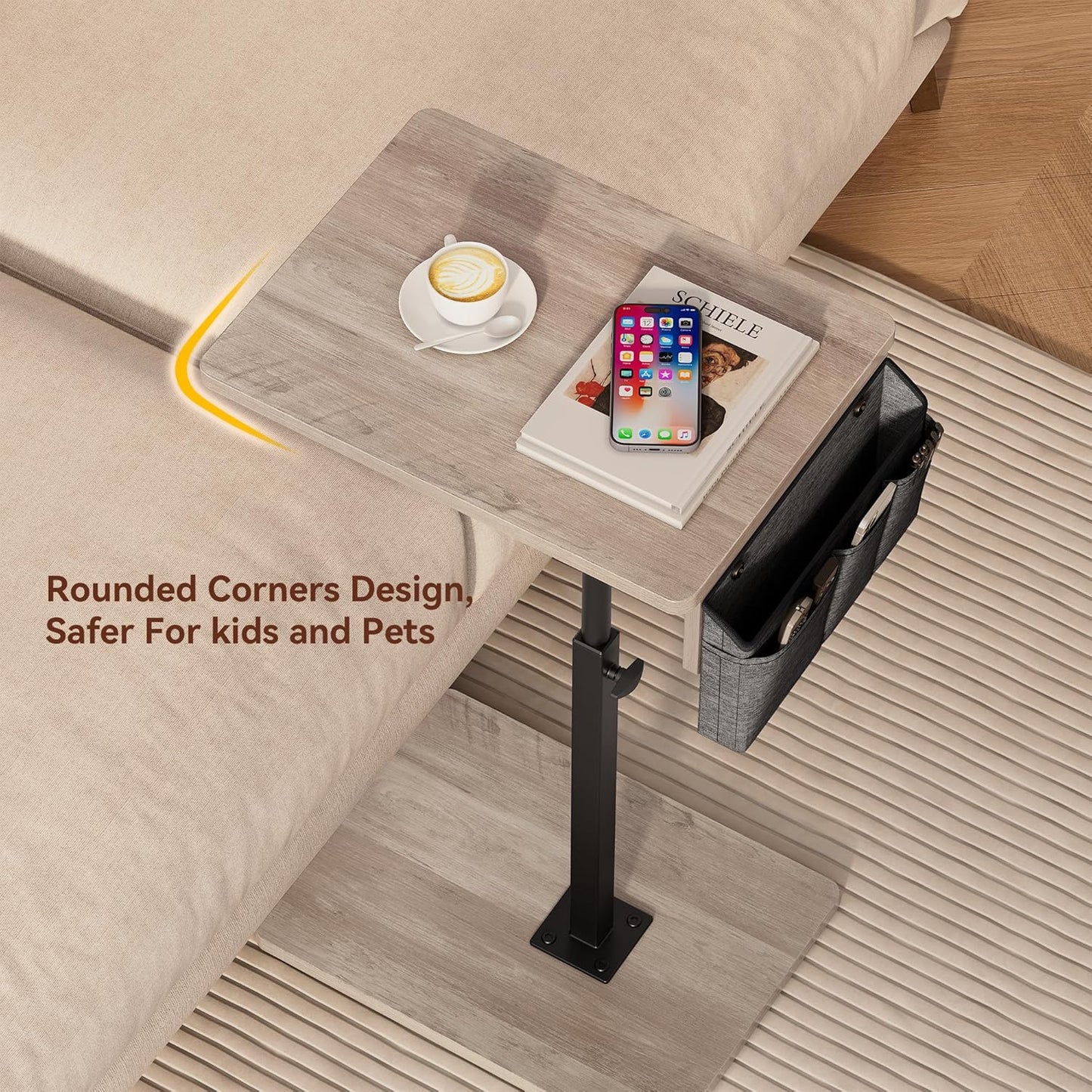 Vagusicc Sofa Armrest Tray Table for Couch, 360° Swivel Height Adjustable TV Tray Table for Small Spaces, Snack Side Table for Couch, Bed, Chair, C Shaped End Side Table for Eating, Reading, Laptop