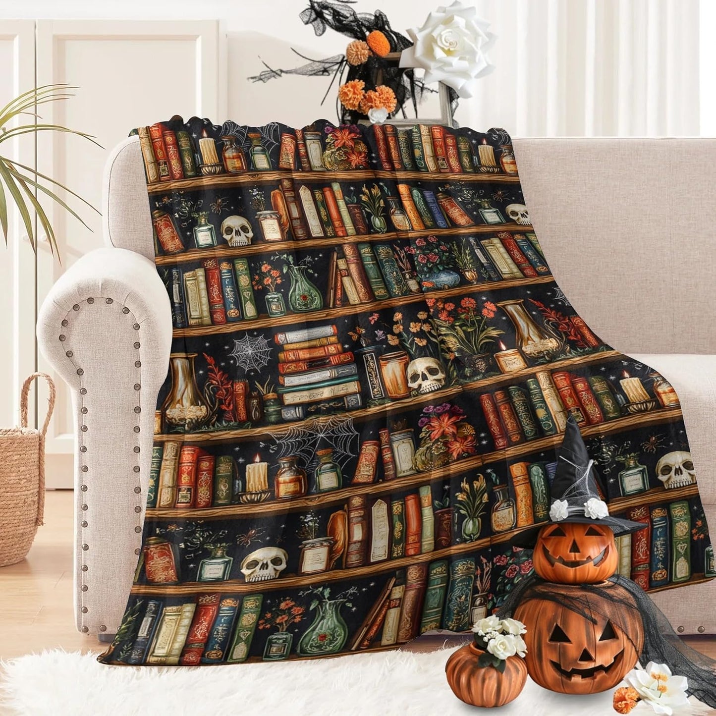 Halloween Bookshelf Blanket for Book Lovers 60"x50", Fall Throw Blankets Lounging Blanket for Reading Area Couch Office Reading Area Bookworm Adults, Wife