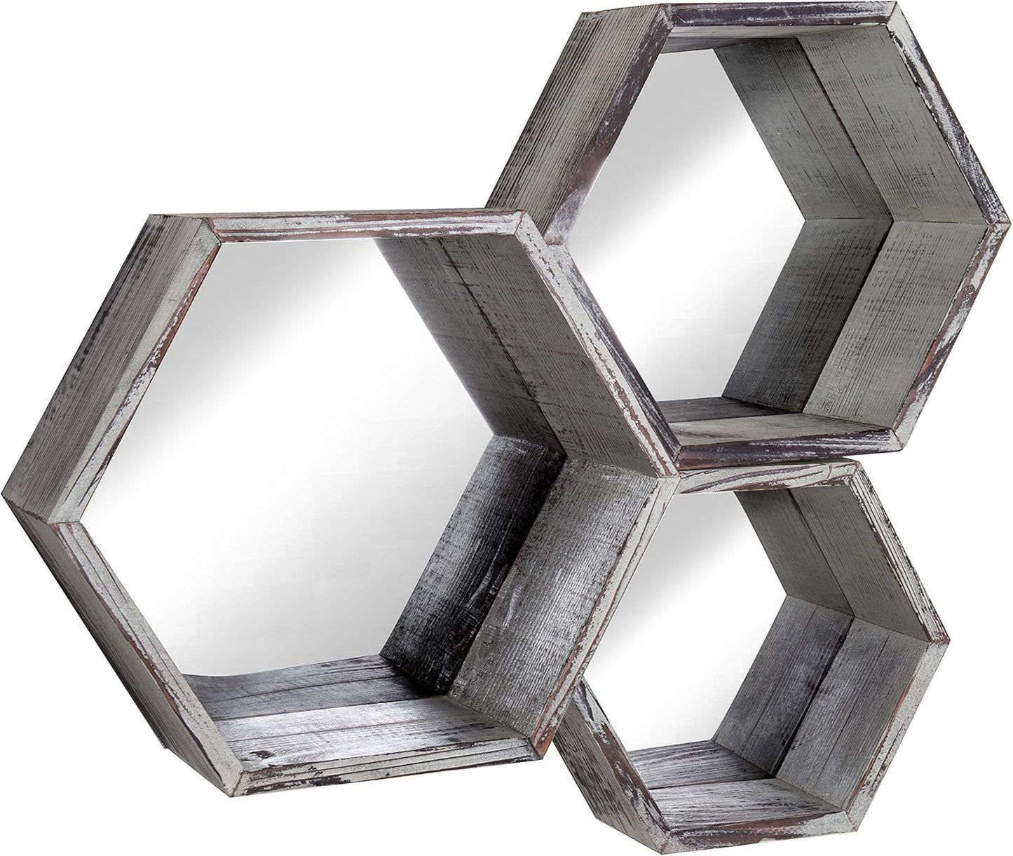 MyGift Wall Mounted Floating Shelves, Solid Torched Wood Hexagon Display Shelf Wall Decor with Mirrored Backing, 3 Piece Set