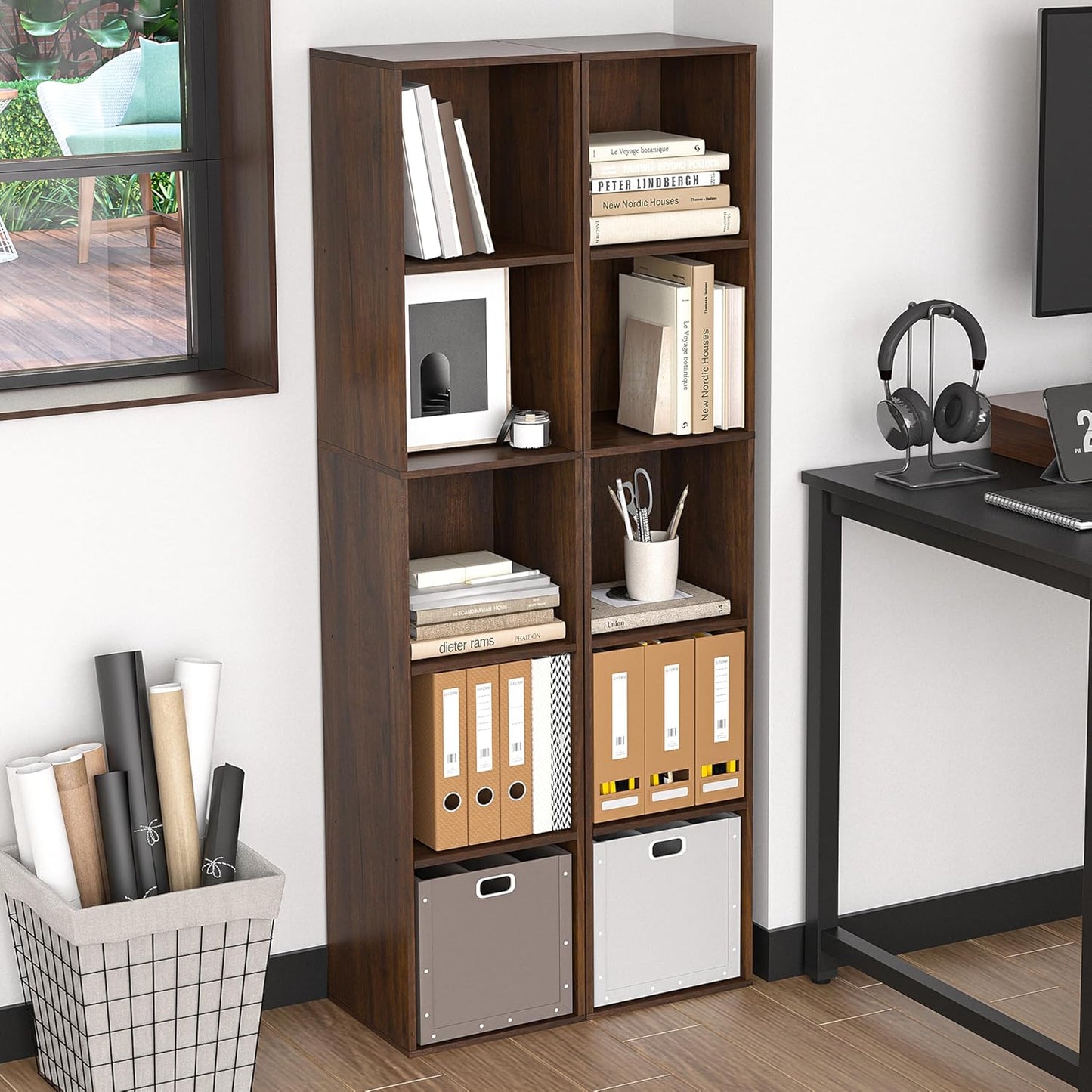 5 Cube Storage Organizer, 5 Tier Cube Low Bookcase Freestanding Storage Display Organizer, Three-Cubes Open Shelf Bookshelf for Home Office (Dark Brown,Black Walnut, 5-Cube)