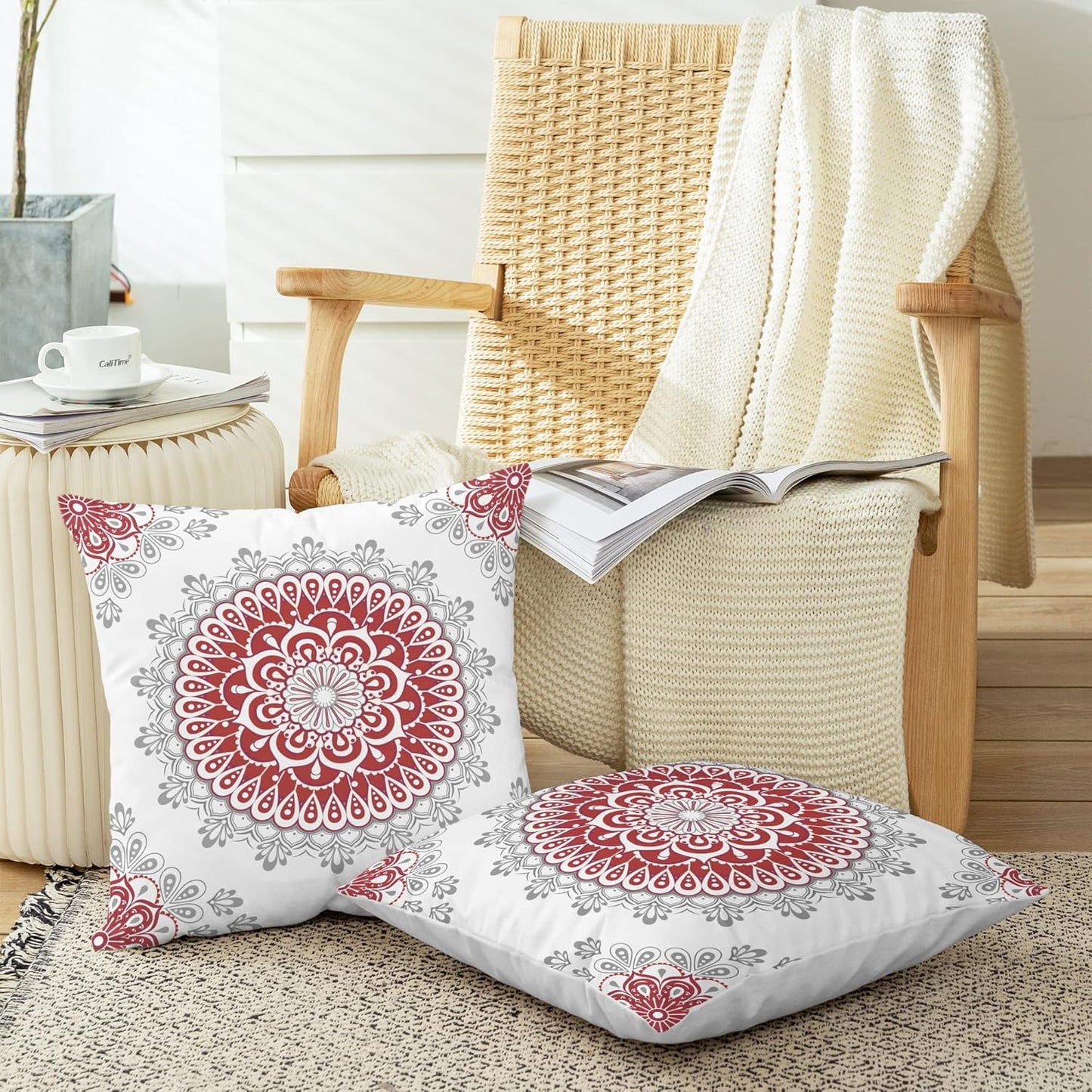CaliTime Throw Pillow Covers Pack of 2 Cozy Fleece Mandala Dahlia Floral Medallion Compass Style Cushion Cases for Couch Bed Sofa Farmhouse Decoration 16 X 16 Inches Red Grey