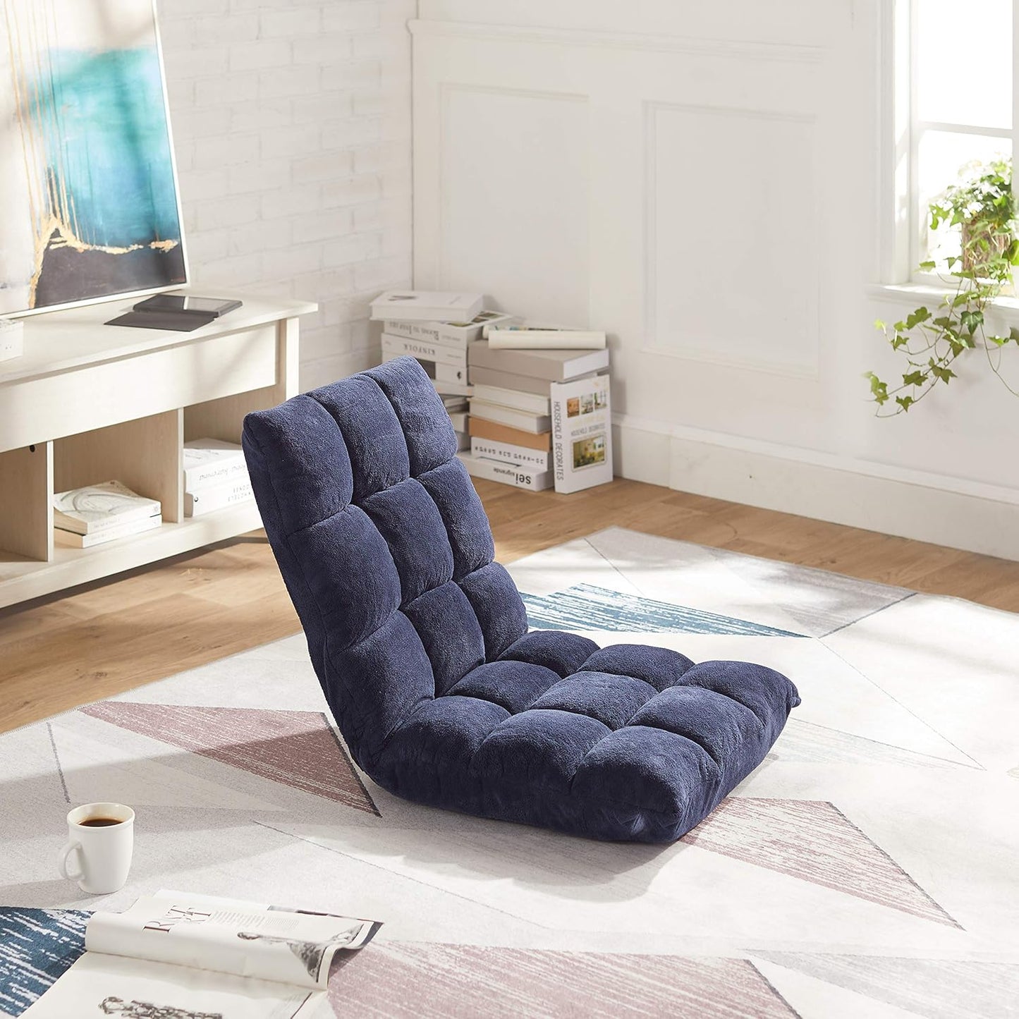 Amazon Basics Adjustable 14-Position Memory Foam Gaming Floor Chair with Back Support, Portable, Reclining, Lay Flat, 41.3"D x 21.3"W x 6"H, Navy