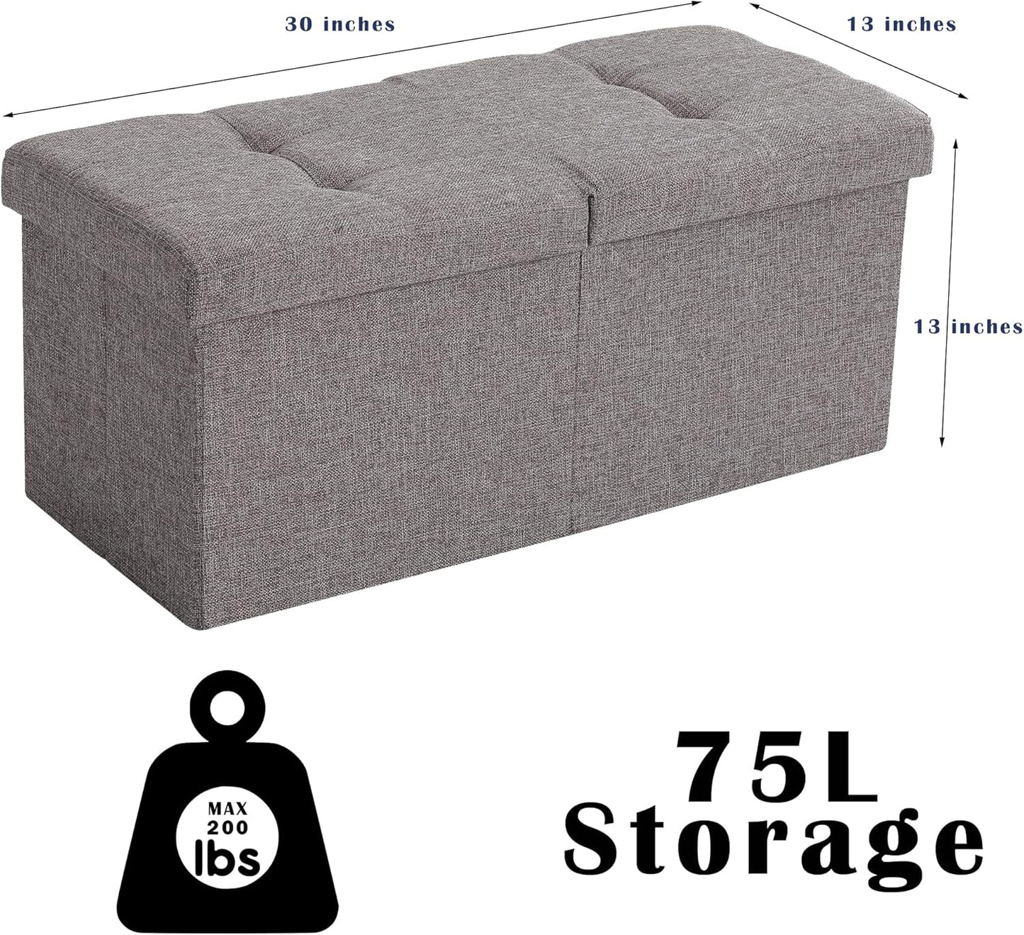 CUYOCA Storage Ottoman Bench Foldable Seat Footrest End of Bed Ottoman with Flipping Lid for Living Room, 75L, 30 inches Linen Fabric Grey