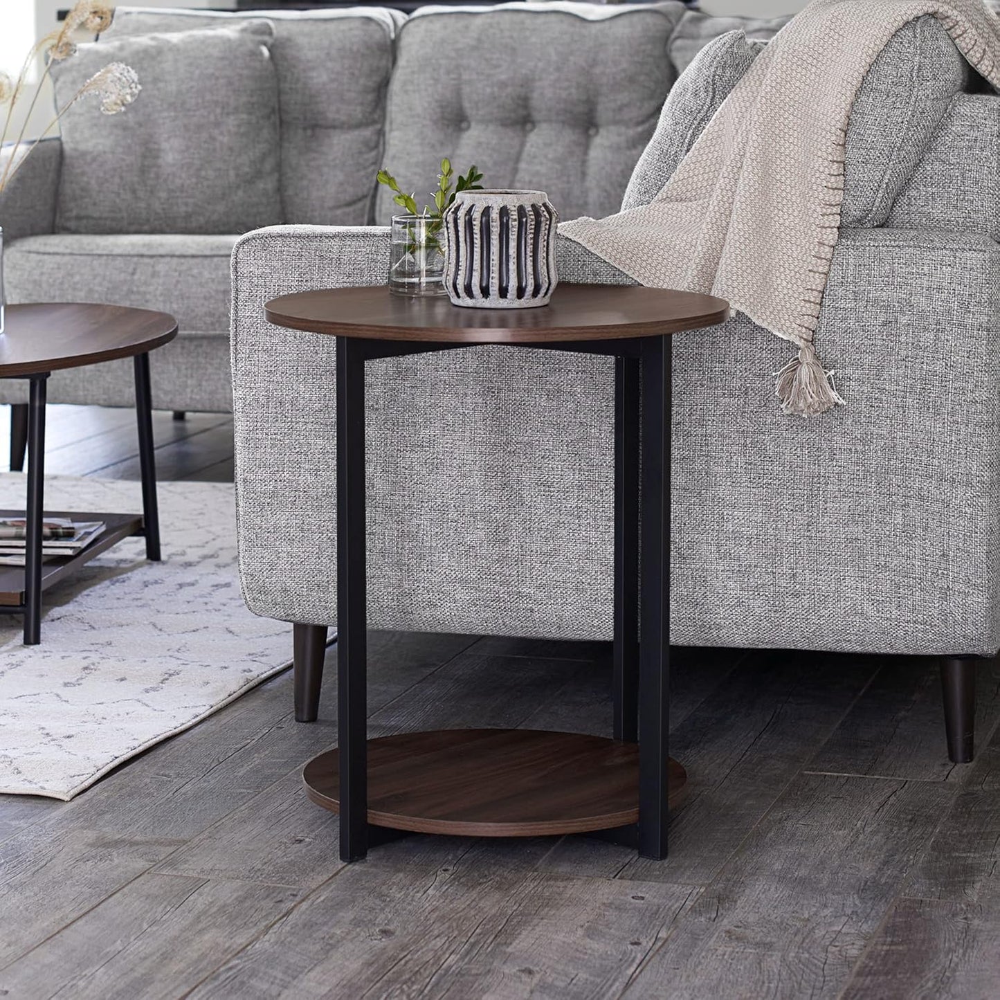 Household Essentials Jamestown Round Side End Table with Storage Shelf Mid Century Walnut Wood Grain and Black Metal