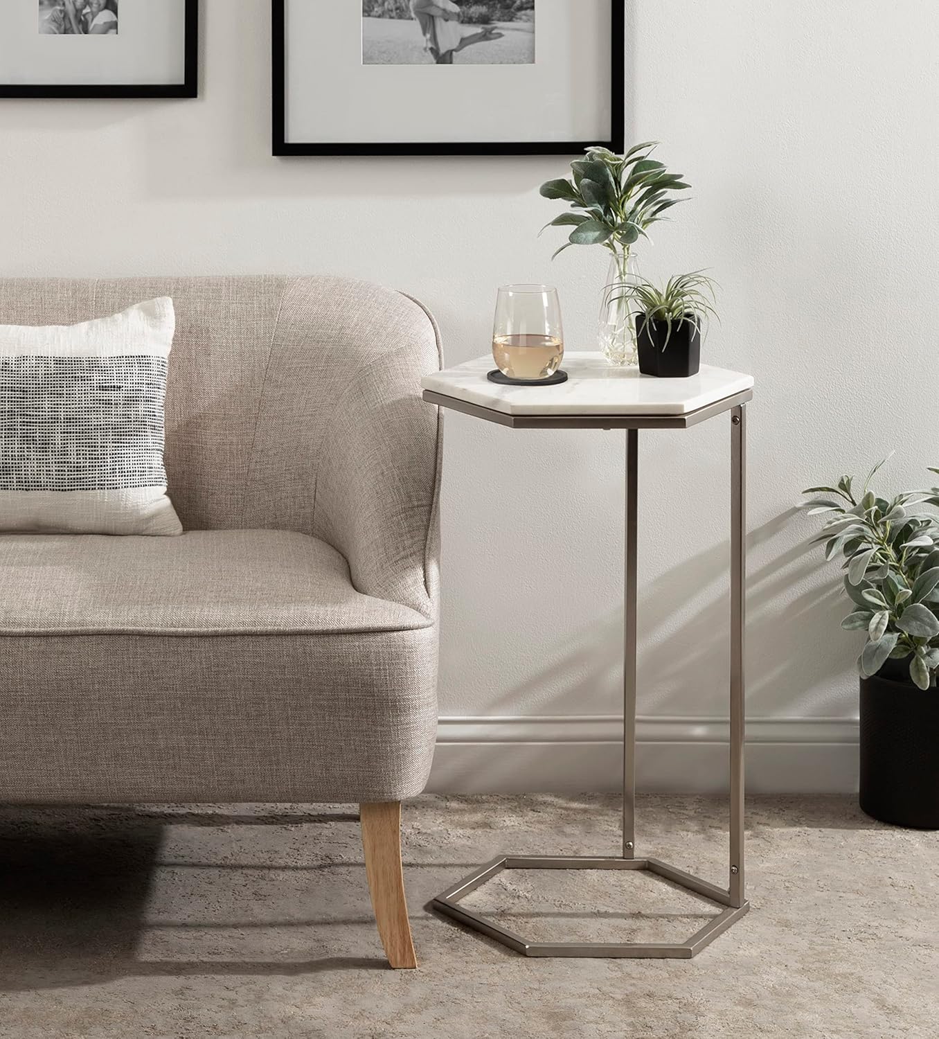 Kate and Laurel Trillion Modern C-Table; 16 x 14 x 28; Silver; Chic Marble Accent End Table with Geometric Hexagon Top