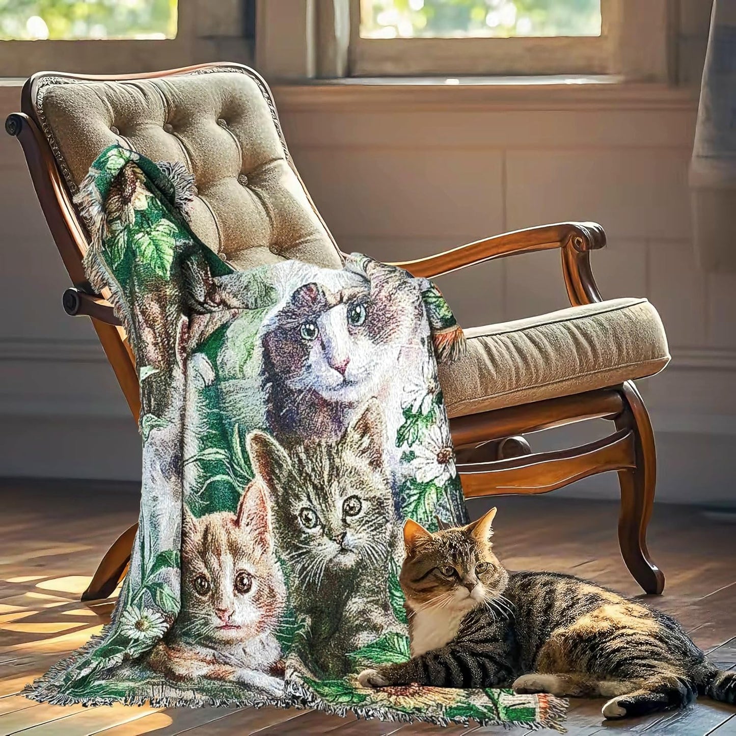 Garden Cat Flower Woven Tapestry Throw Blanket Wall Hanging Art Handicrafts Jacquard Multipurpose Soft Travel Mat Outdoor with Fringe Tassels 50 X 60 Inches
