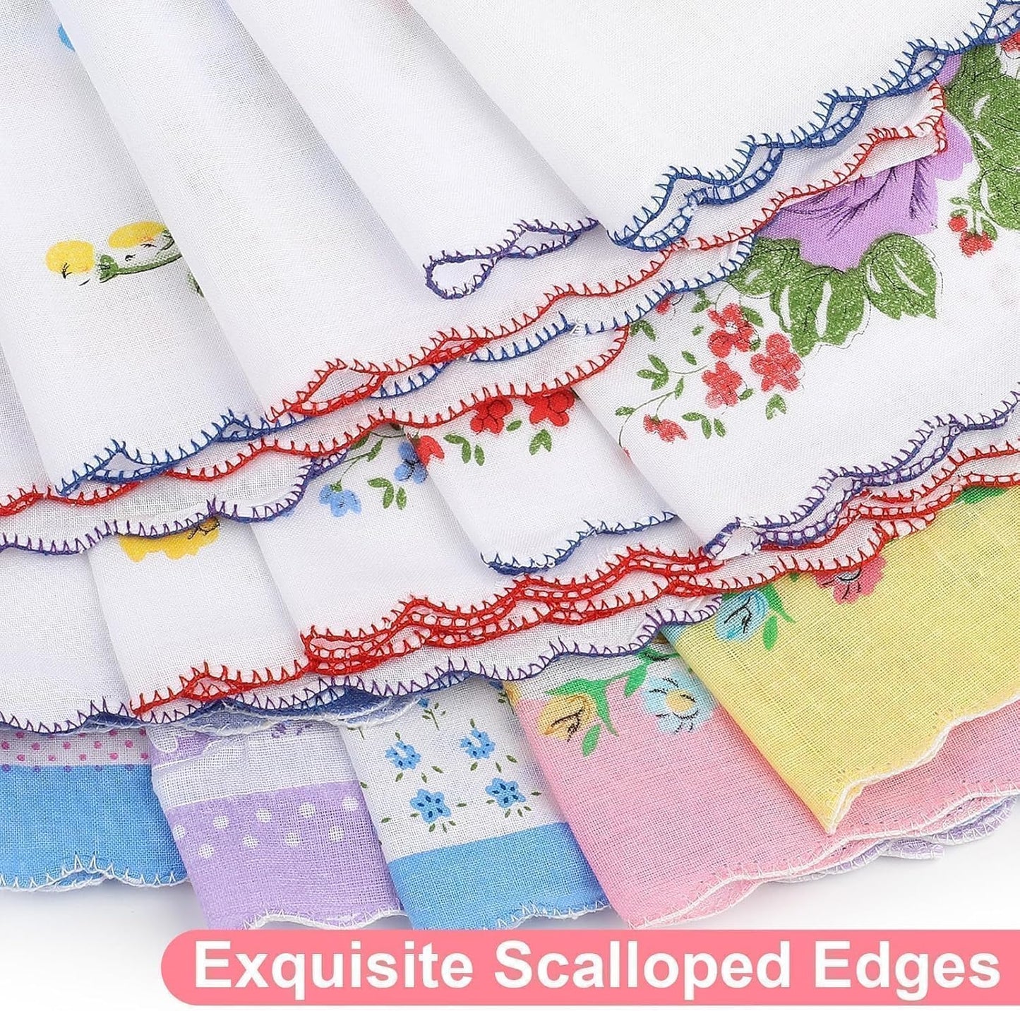 EEEKit Women Cotton Handkerchiefs, 20PCS Vintage Floral Print Handkies with Wavy Edge for Wedding Party Gifts, 11X11 in