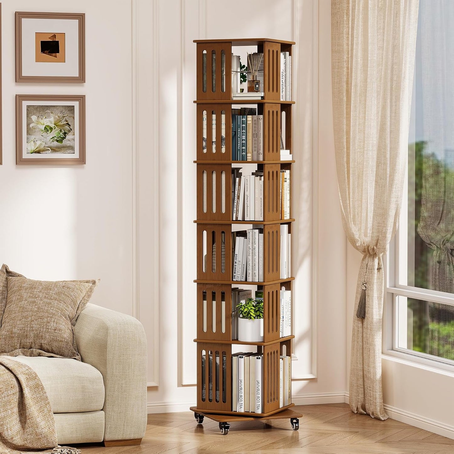 6 Tier Rotating Bookshelf Tower on Wheels, Wood Spinning Bookcase, Bamboo Revolving Book Shelf, Narrow Bookshelves for Small Space, Corner, Bedroom, and Living Room - Walnut