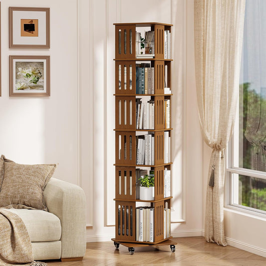 6 Tier Rotating Bookshelf Tower on Wheels, Wood Spinning Bookcase, Bamboo Revolving Book Shelf, Narrow Bookshelves for Small Space, Corner, Bedroom, and Living Room - Walnut