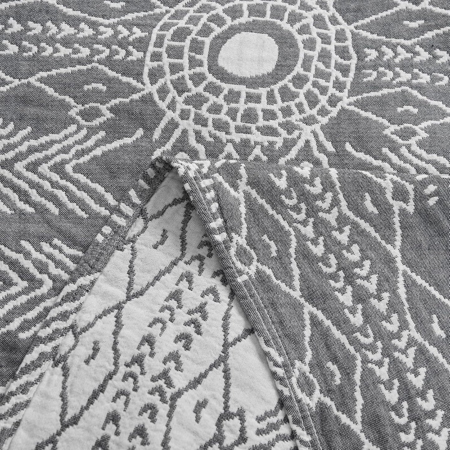 jinchan Boho 100% Cotton Muslin 50x60 Throw Blanket Lightweight 3 Layer Grey Blanket Washable Reversible Breathable Decorative Geometric Striped Patterned Gray Soft Cozy for Sofa Bed All Season Gift