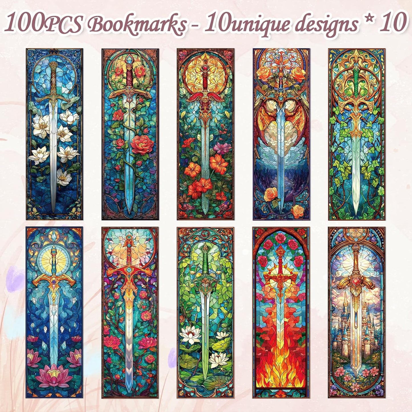 Stained Glass Sword Bookmarks - 100 Pcs Cool Fantasy Bookmark Unique Sword Flower Book Marks Book Markers Page Clip GIFS for Women Men Teens Students Teacher Reading Bookworm Bookish