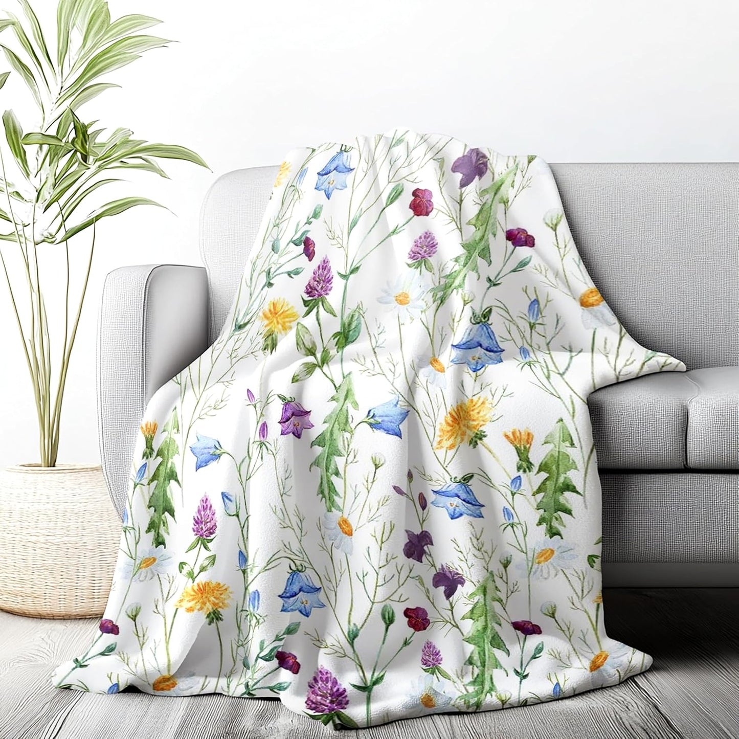 Boho Floral Throw Blanket Botanical Wildflower Butterfly Print Ultra Soft Cozy Flannel Blanket Rustic Home Decor for Couch Sofa Bed, 50x60 Inch