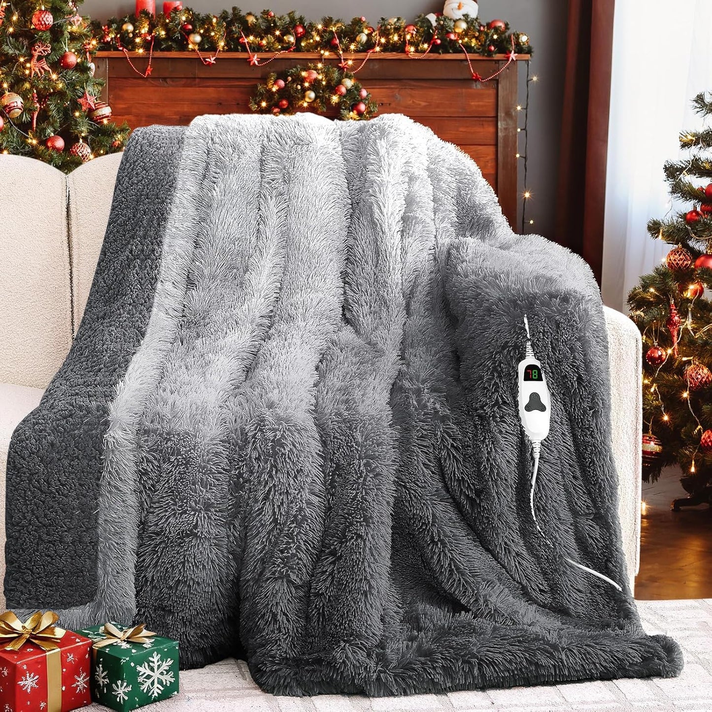 Heated Electric Blanket Throw–Faux Fur with Soft Thick Sherpa,Warm Winter Birthday Gifts for Women Grandma，10 Heat Settings,5 Time Settings with Fast Heating, 50x60, Foggy Dusk
