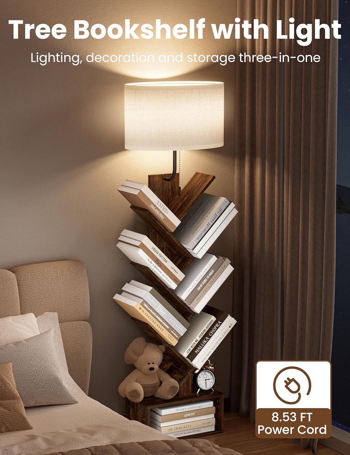 6 Tier Tree Bookshelf with Light, Corner Tall Narrow Bookshelf, Small Bookcase with Storage Cabinet,Floor Standing Bookshelves Organizer for Bedroom/Living Room/Home Office, Rustic Brown