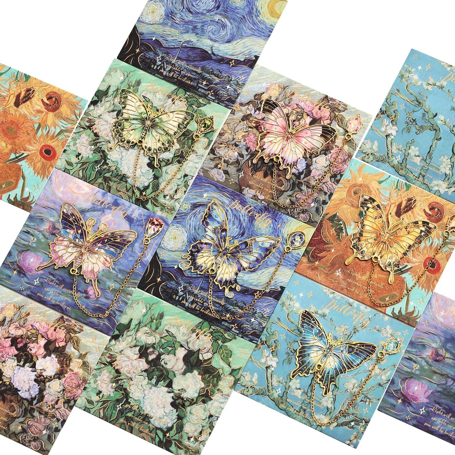 12 Pieces Metal Butterfly Bookmarks with Chain, Golden Hollow Bookmark Monet Oil Painting Theme Book Mark Bookmarks for Book Lovers Women Writers Readers Children Teens