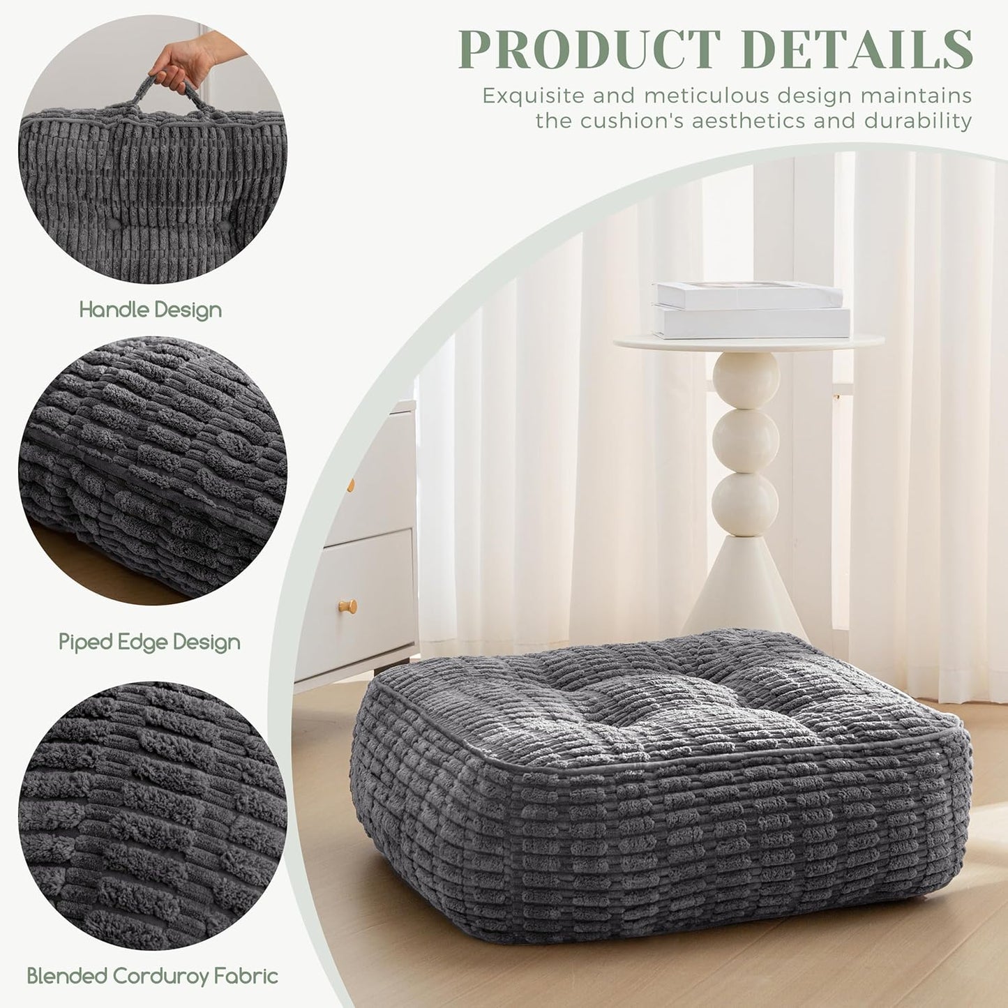 8" Washable Floor Pillow Cushion for Adults, Meditation Cushion Pillow, Removable Tufted Blended Corduroy Cover, Large Square Floor Sitting for Tatami Living Room or Yoga, 22x22 Inch, Machine Washable