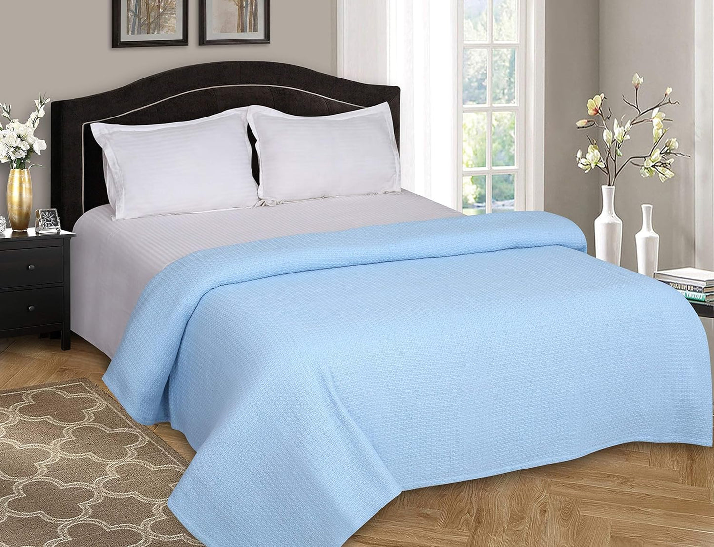 Belizzi Home 100% Cotton Bed Blanket, Breathable Bed Blanket Full - Queen Size, Cotton Thermal Blankets Full - Queen, Perfect for Layering Any Bed for All Season, Light Blue