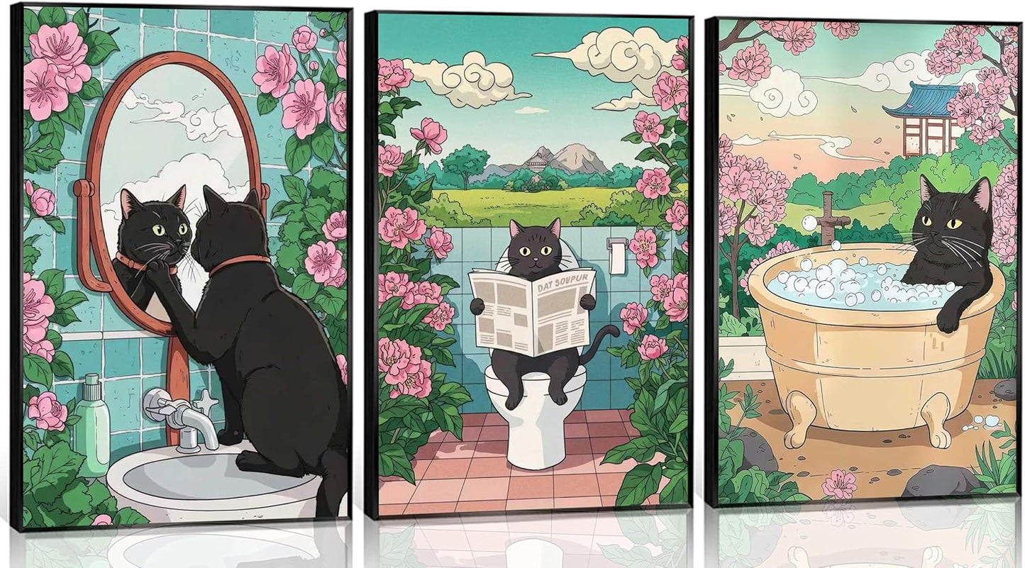 3pcs Funny Bathroom Black Cat Canvas Wall Art Cute Kitten On Toilet Posters Prints Vintage Japanese Cat In A Bathtub And Flowers Pictures Wall Decor for Washroom Bathroom Decoration Unframed