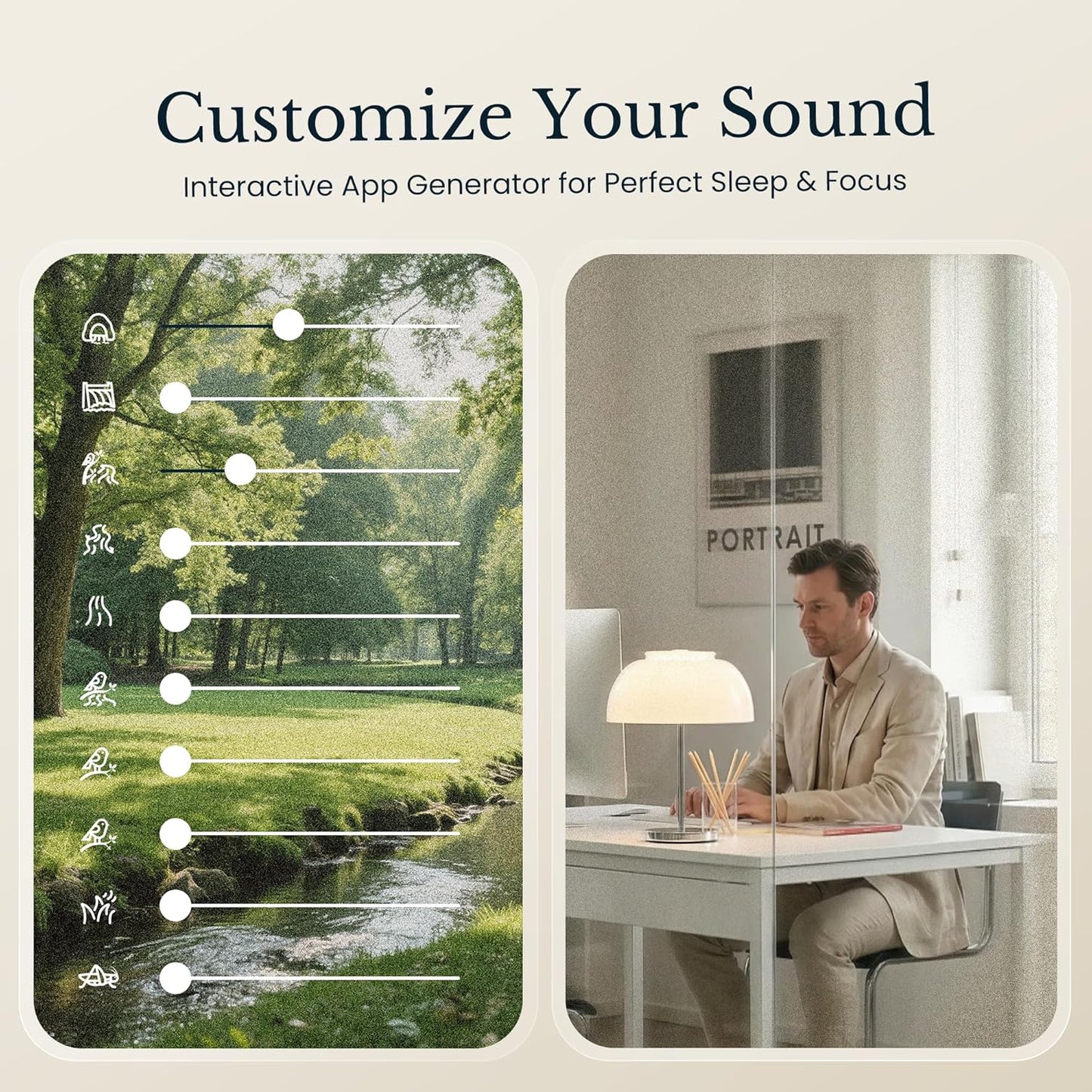 White Noise Sound Machine & Alarm Clock: Color Noises and Custom Soundscapes, App Control, Sleep Schedule, Multiple Alarms, 100 Volume Levels, Built-in Battery