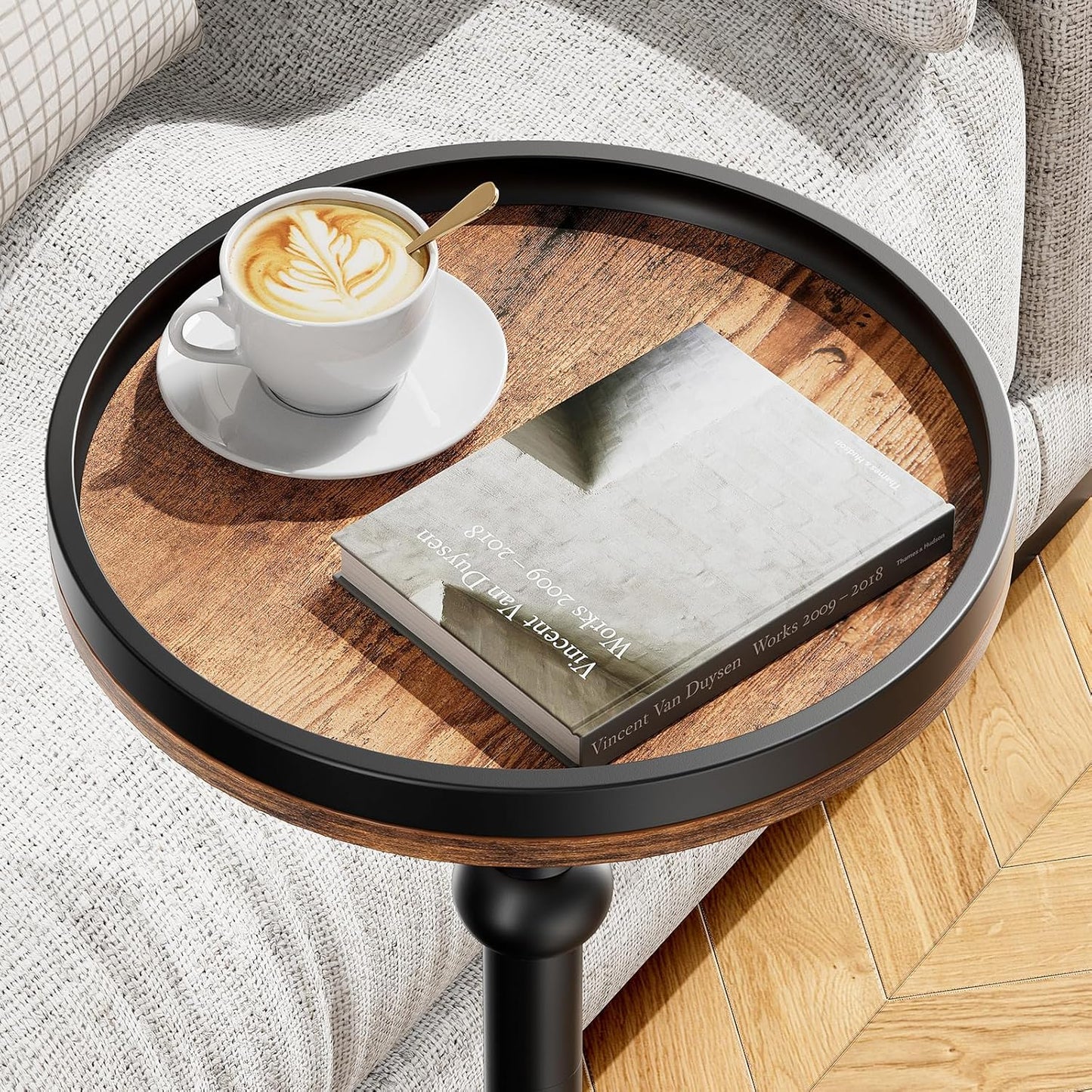 Small Round Side Table, Coffee Drink Table for Small Spaces, Modern Night Stand with Metal Leg, Weighted Iron Base Pedestal Round End Tables for Living Room, Bedroom, Narrow Corners,Sofa Couch