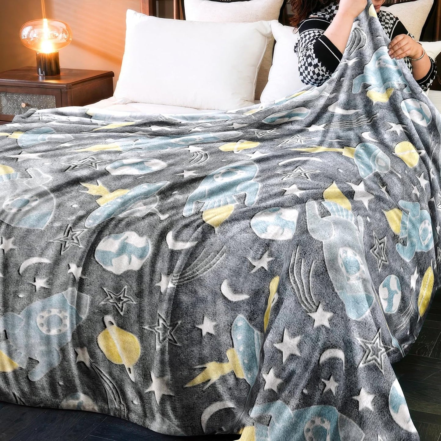 Glow in The Dark Space Blanket Glowing Rocket Spaceship Moon and Stars Throw Blankets Luminous Gifts for Kids Toddler Boys Girls Twin Size (Glow Space, 60"x 80")