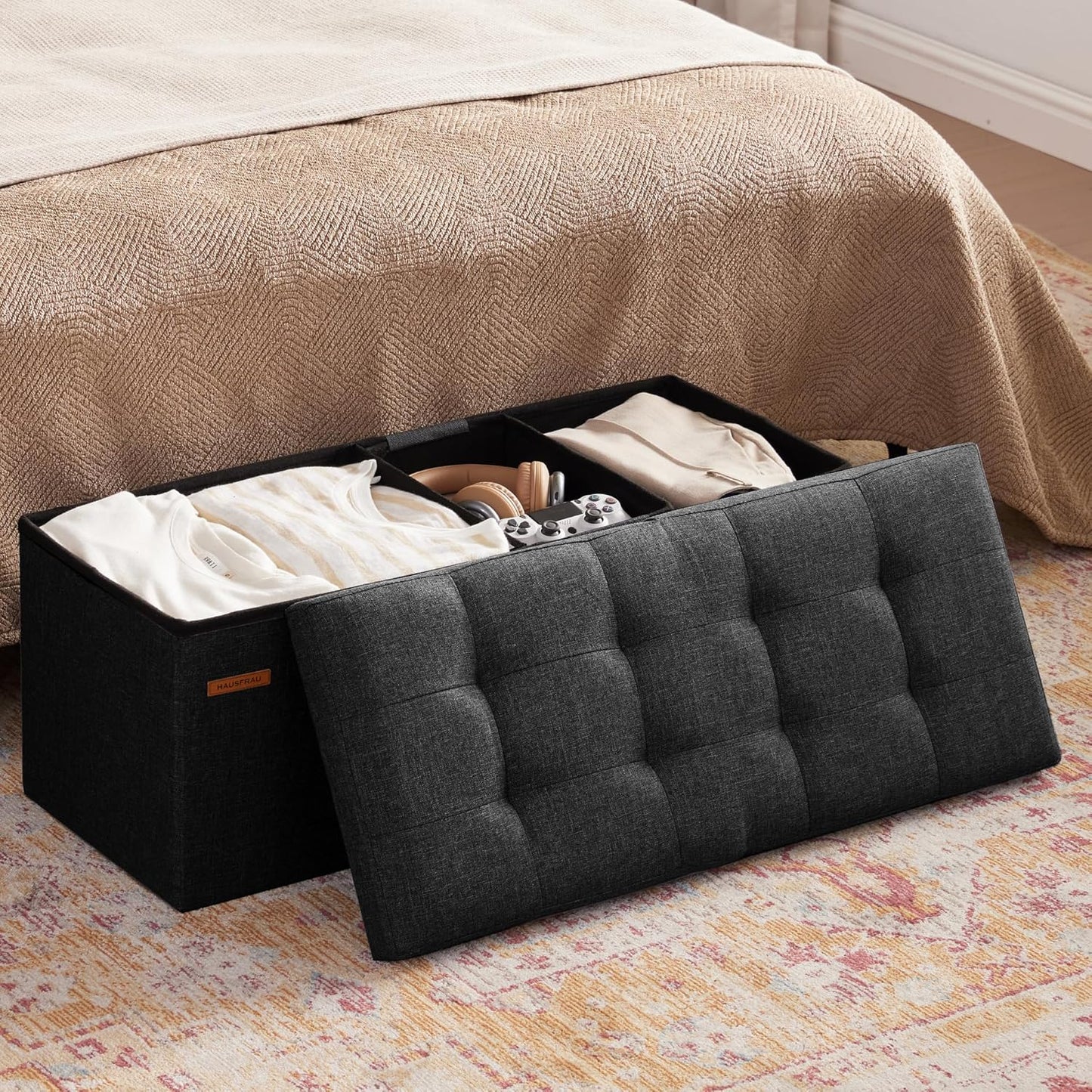HAUSFRAU 31.5 Inches Ottoman with Storage, Folding Ottoman Bench Small Foot Rest Stool, Bedroom Bench with Flipping Lid, Linen Black