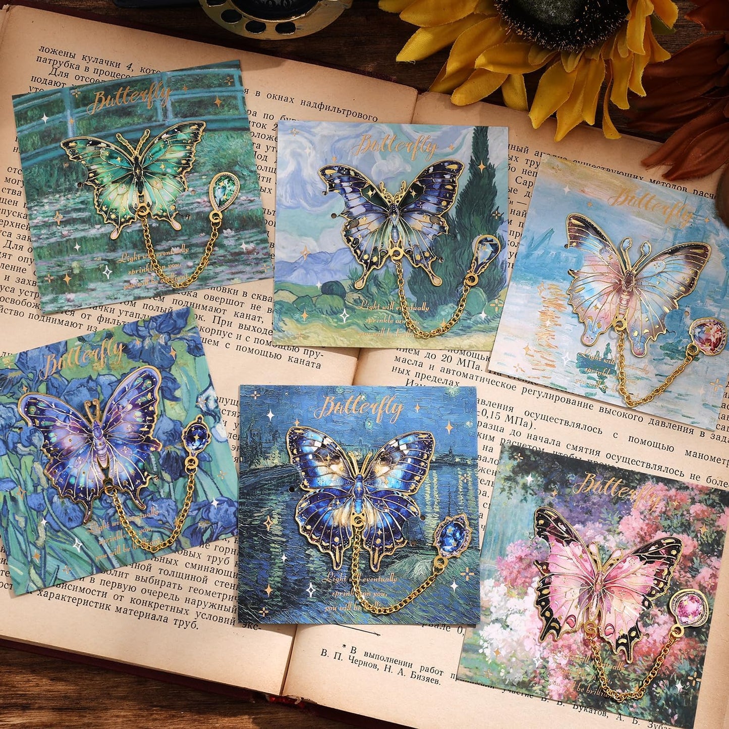 6 Pieces Metal Butterfly Bookmarks with Chain, Golden Hollow Bookmark Monet Oil Painting Theme Book Mark Bookmarks for Book Lovers Women Writers Readers Children Teens