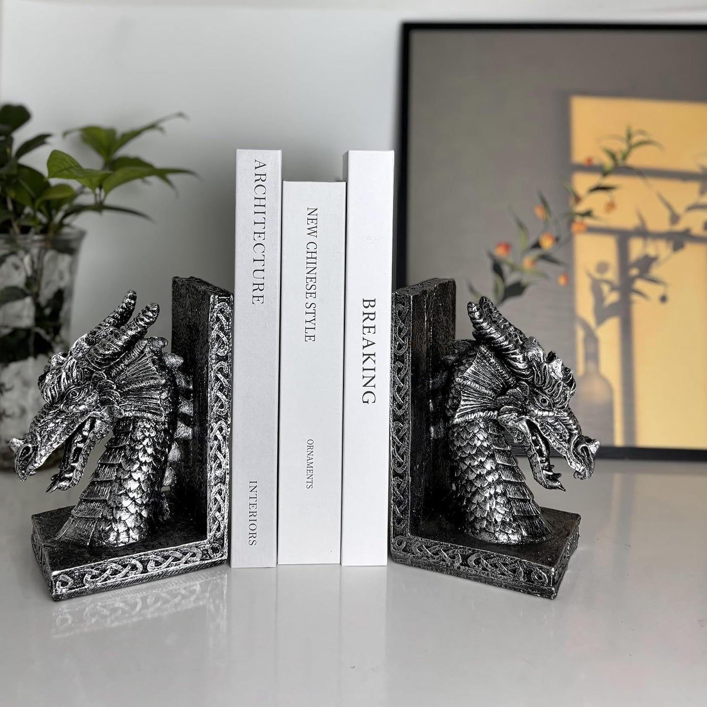 Book Ends for Shelves to Hold Books Heavy Duty,Decorative Bookend for Bookshelf Décor, Animal Dragon Book Stopper Dragon Statues for Home, Office Desk, Living Room Decoration,Vintage Silver,1pair