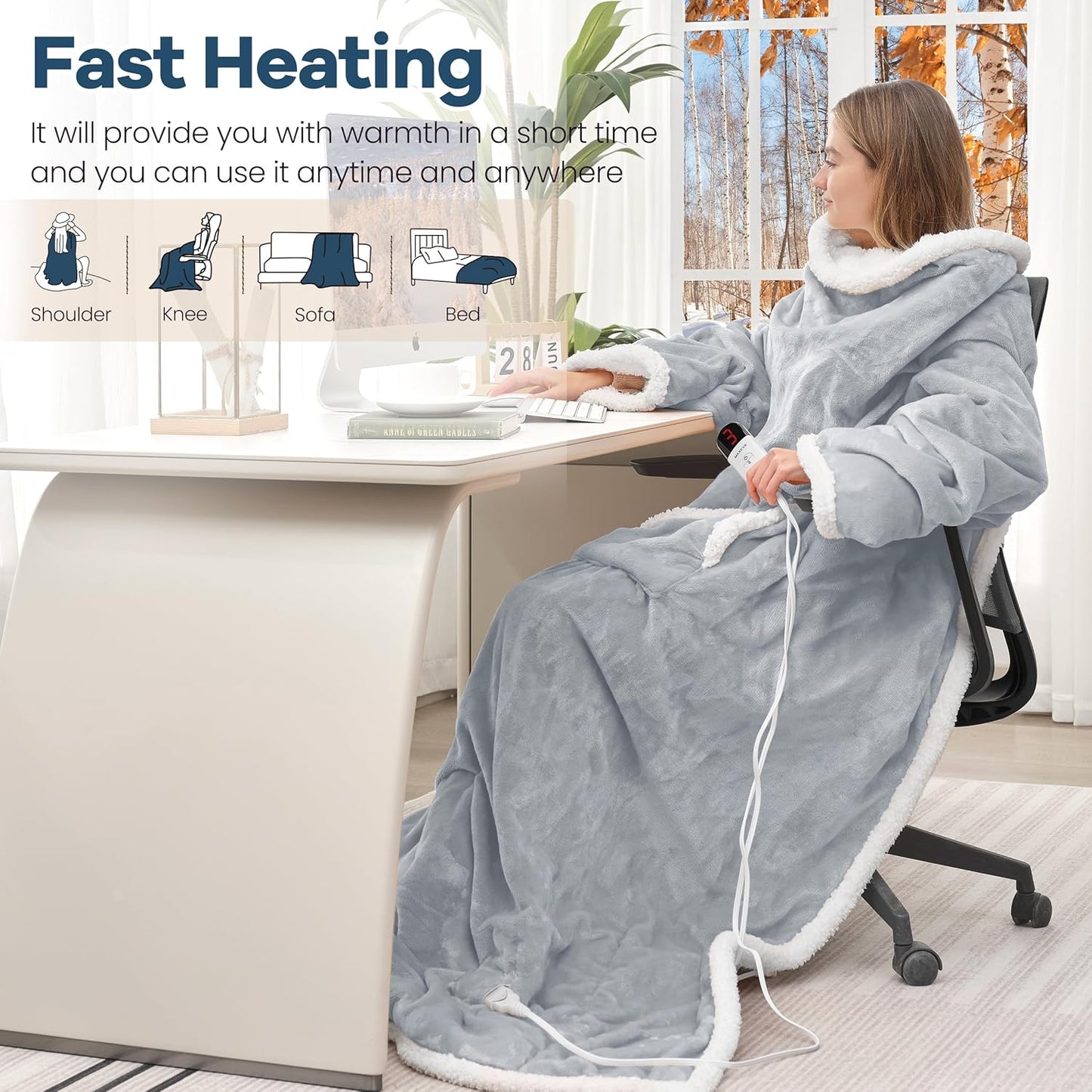 Heated Blanket Wearable Electric Blanket with Foot Pocket and Sleeves, Heating Throw Blanket, Electric Snuggle Blankets, 6 Heating Levels Setting & 4 Hours Auto Shut Off, Machine Washable (Long,Grey)