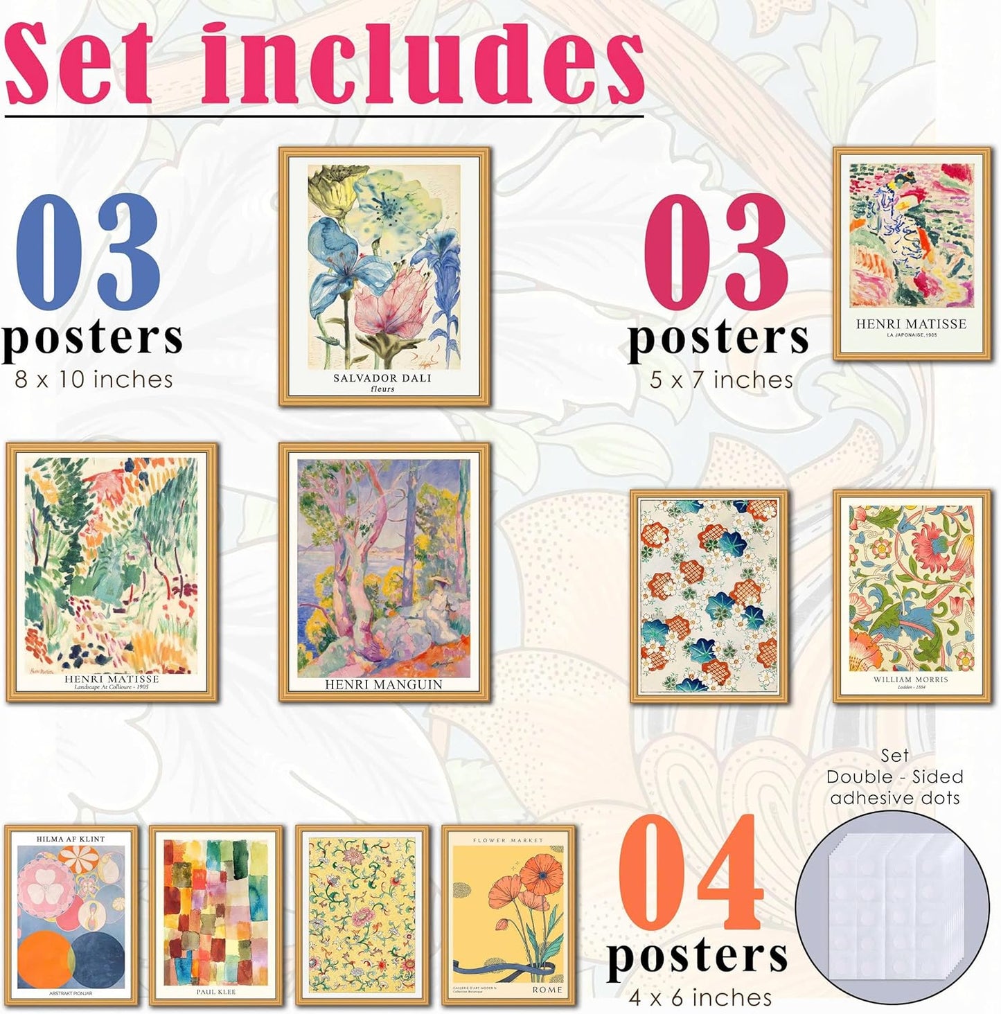 MAZUKO 10 Pcs Vintage Eclectic Wall Art Prints, Trendy Maximalism Poster for Aesthetic, Eclectic Wall Decor Van Gogh William Morris Matisse Monet Maximalist Famous (Unframed)
