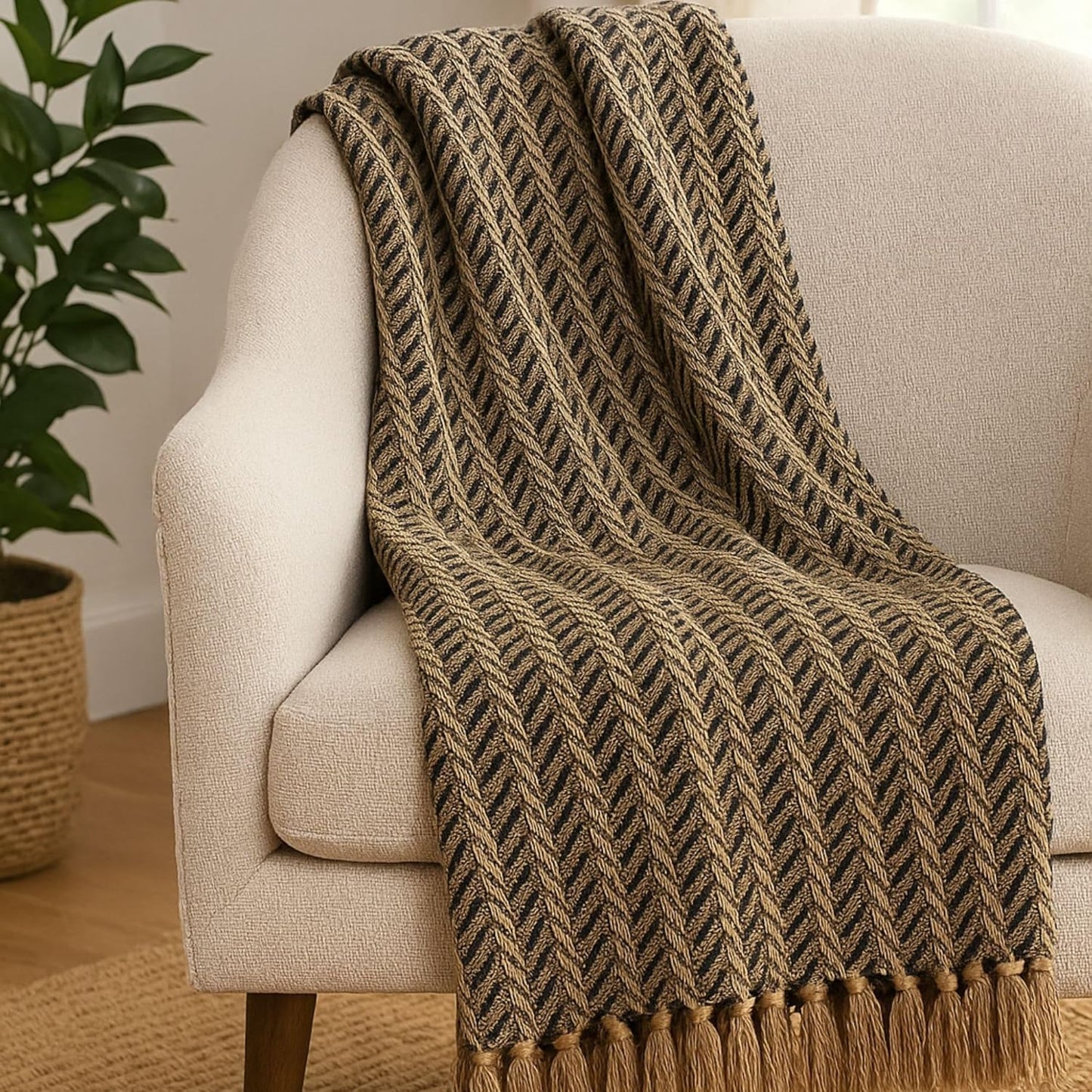 Park Designs Cable Throw Blanket Black & Tan | 50" x 60" Soft Cotton Knit | Cozy Boho Throw Blanket for Couch, Bed & Travel | Lightweight Decorative Home Décor Accent | Small Spring Plush Blanket