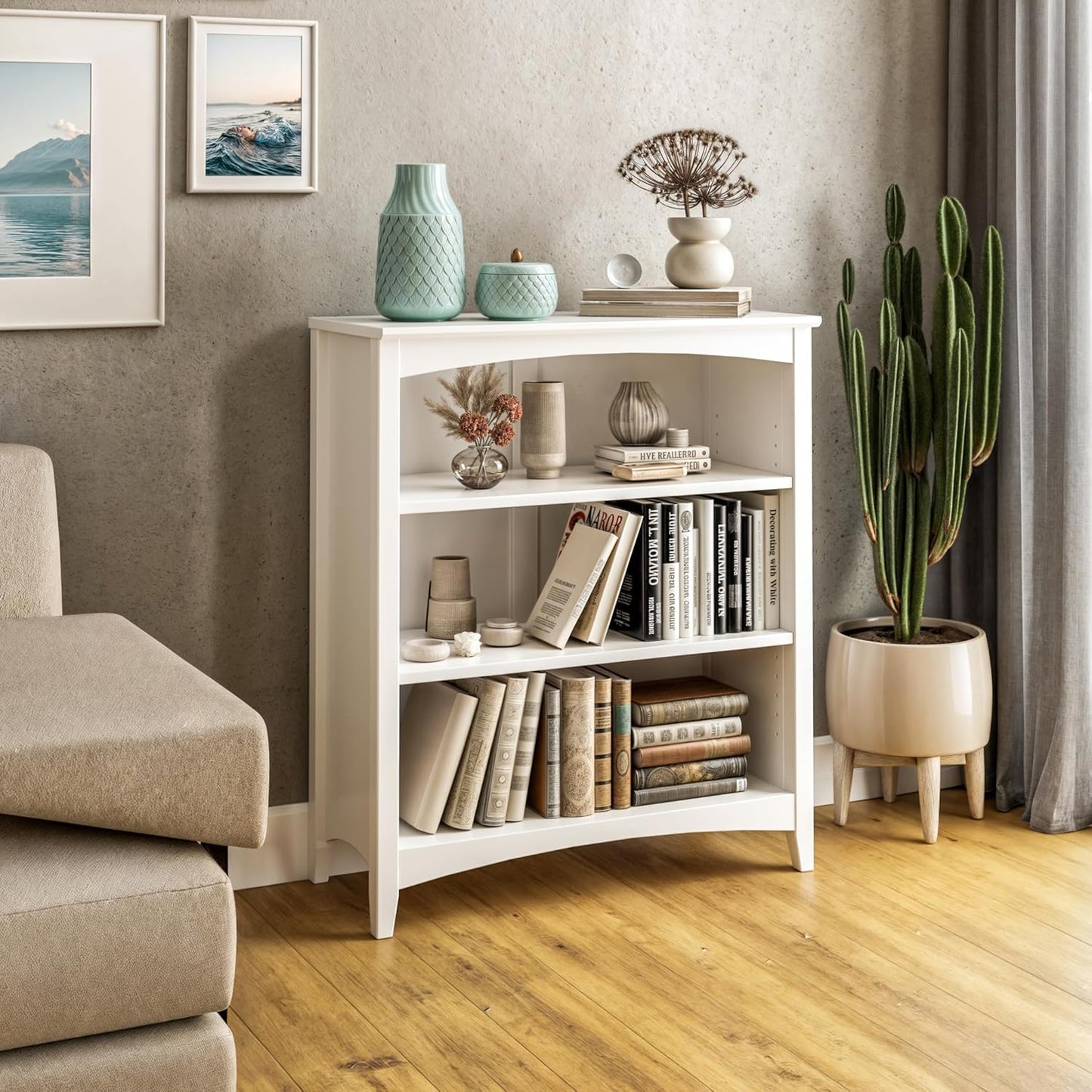 Shaker Style 3 Shelf Bookcase / Solid Wood / 36" High / Adjustable Shelving / Closed Back / Display Bookshelf for Living Room, Bedroom, Home and Office, White
