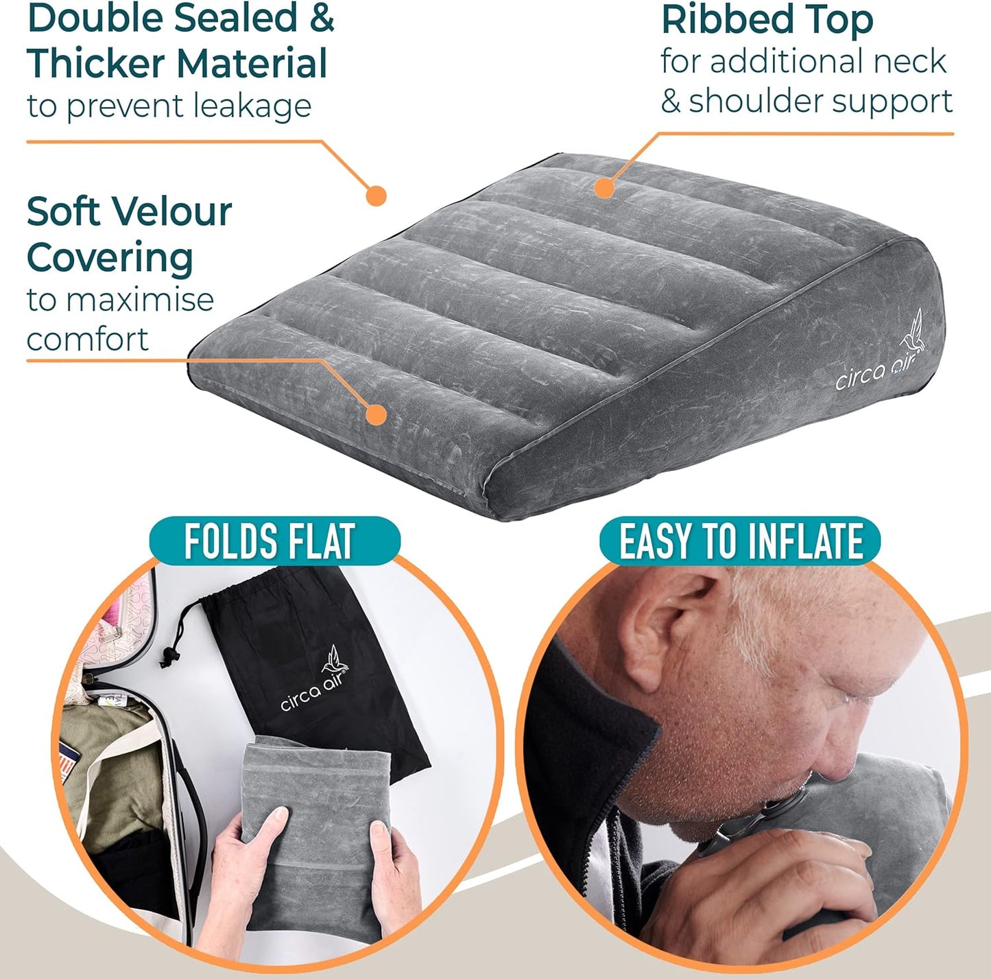 Circa Air Inflatable Wedge Pillow for Traveling - Travel Wedge Pillows for Sleeping in Bed, Acid Reflux, Sleep Apnea, Snoring for Back, Knee, Leg Elevation and Side Sleepers, Blow up Cushion