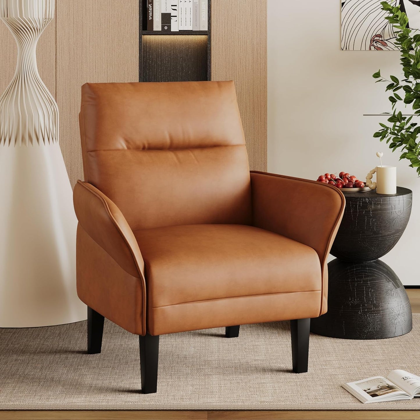 Aklaus Morden Accent Chair with PU Leather Armrest,Upholstered Chairs Lounge Faux Leather Reading Chairs Side Sitting Farmhouse Mid Century Chair for Living Room, Bedroom, Balcony Brown