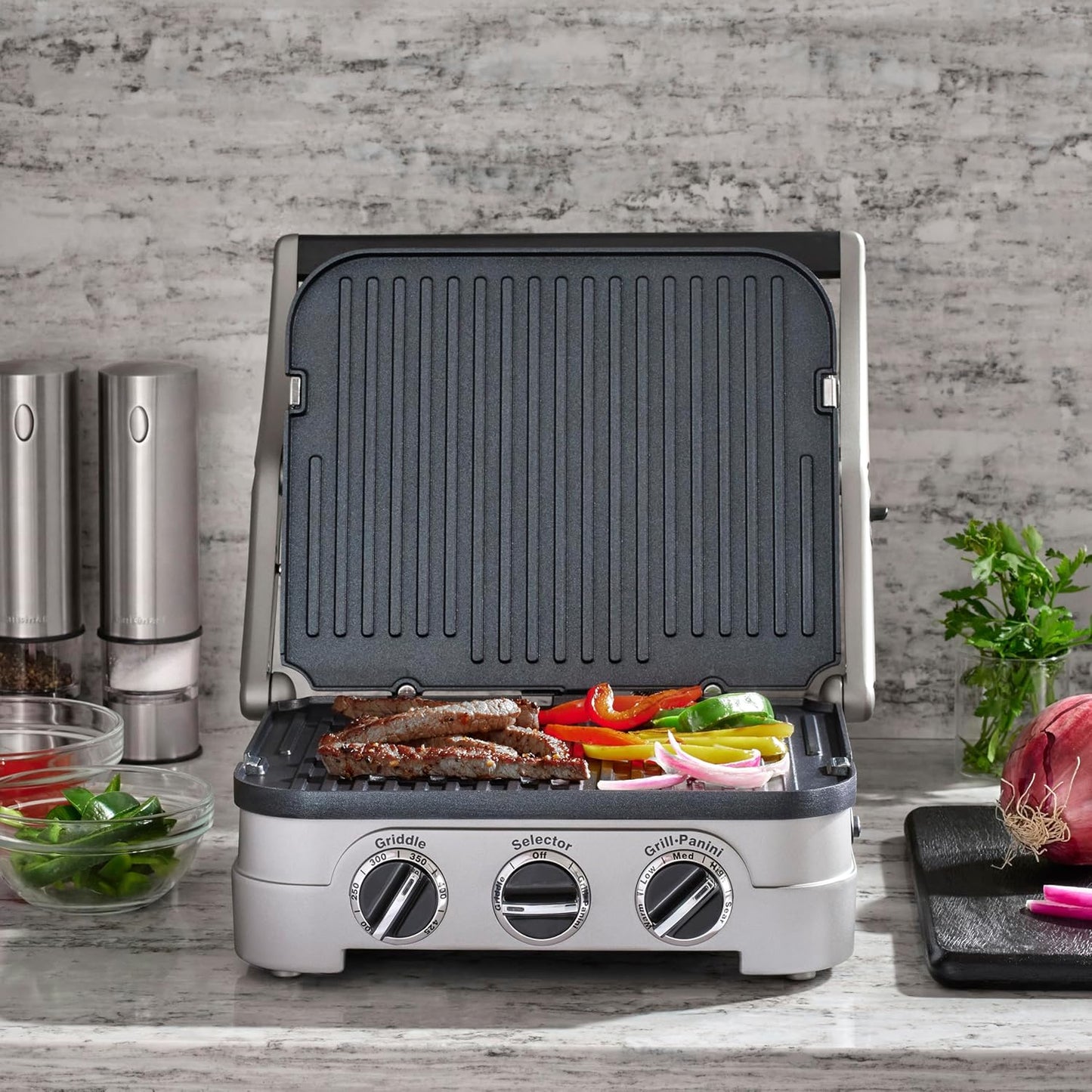 Cuisinart Griddler Indoor Grill, Panini Press, Sandwich Maker & More, 5-in-1 Grilling, Dishwasher-Safe Nonstick Cooking Plates, GR-4NNAS, Stainless Steel