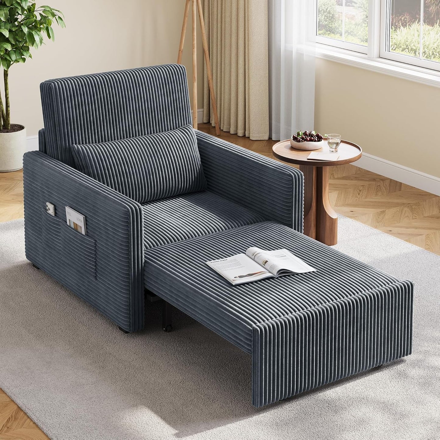 Ahomly 3 in 1 Pull Out Sleeper Chair, 75.2" Long Convertible Sofa Bed for Adults, Corduroy Armchair Chair Bed & Single Sleeper with Pillow for Dorm/Bedroom, Dark Grey