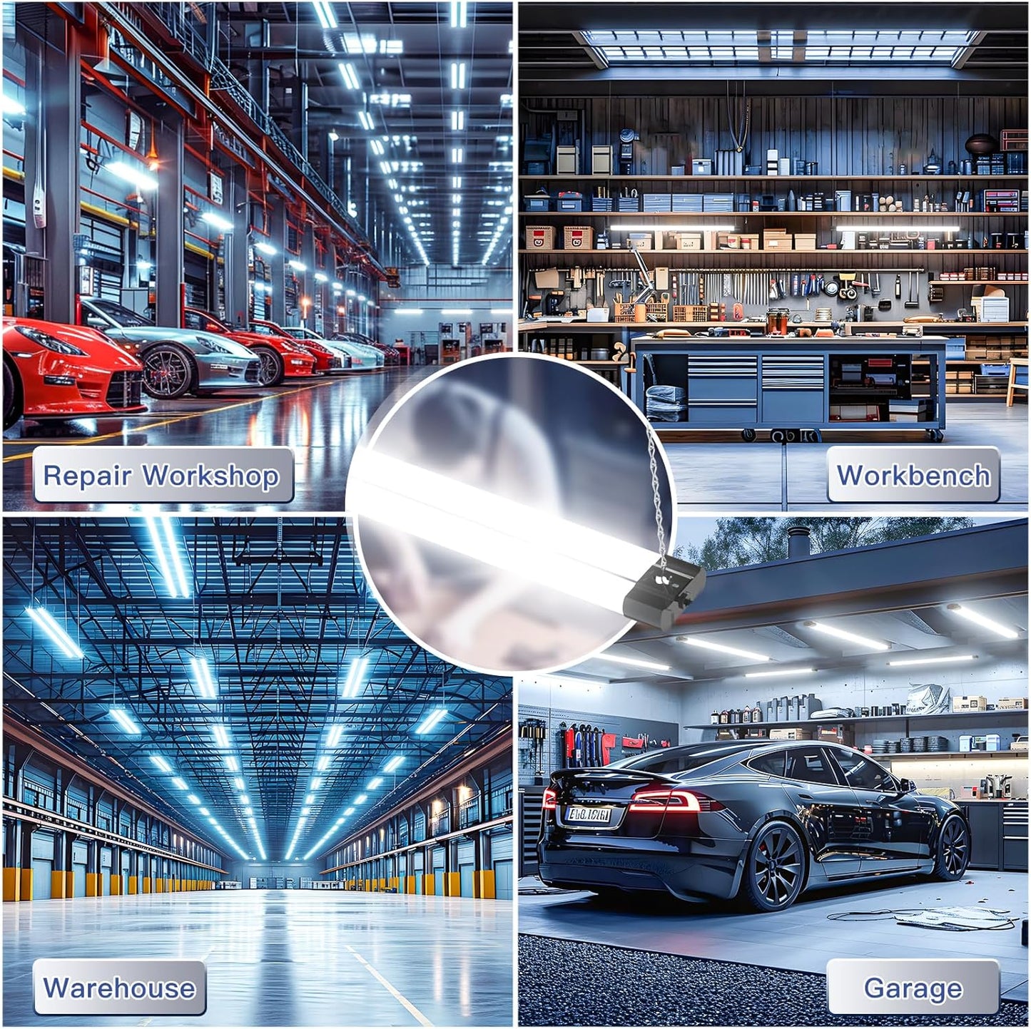 BBOUNDER 4 Pack Linkable LED Utility Shop Light, 4400 LM, Super Bright 6500K Cool Daylight, 4 FT Integrated Fixture for Garage, 40W Equivalent 250W, Surface + Suspension Mount, Black