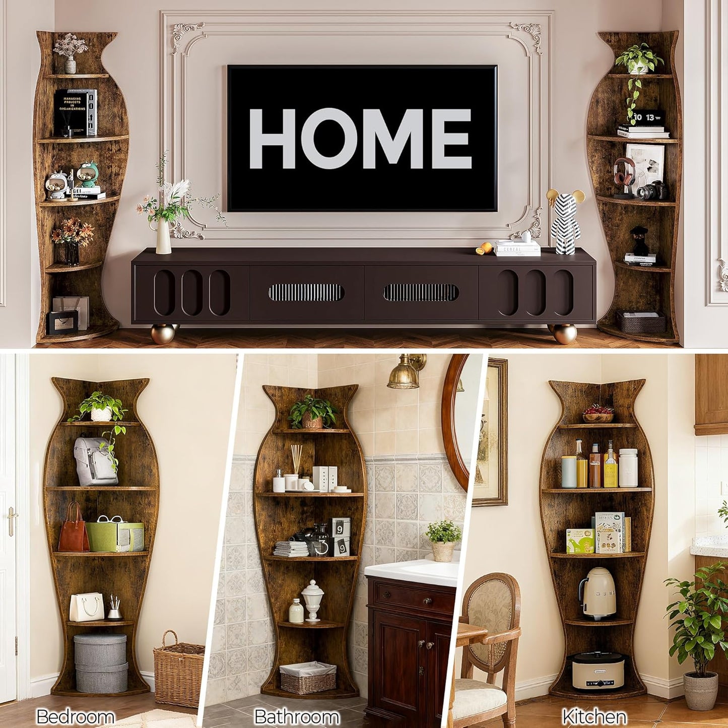 Small Corner Shelf, 5-Tier Vase-Shaped Bookshelf Organizer for Living Room Decor, Bedroom, and Office, Modern Freestanding Corner Bookcase for Storage and Display, Vases Home Decor Accent