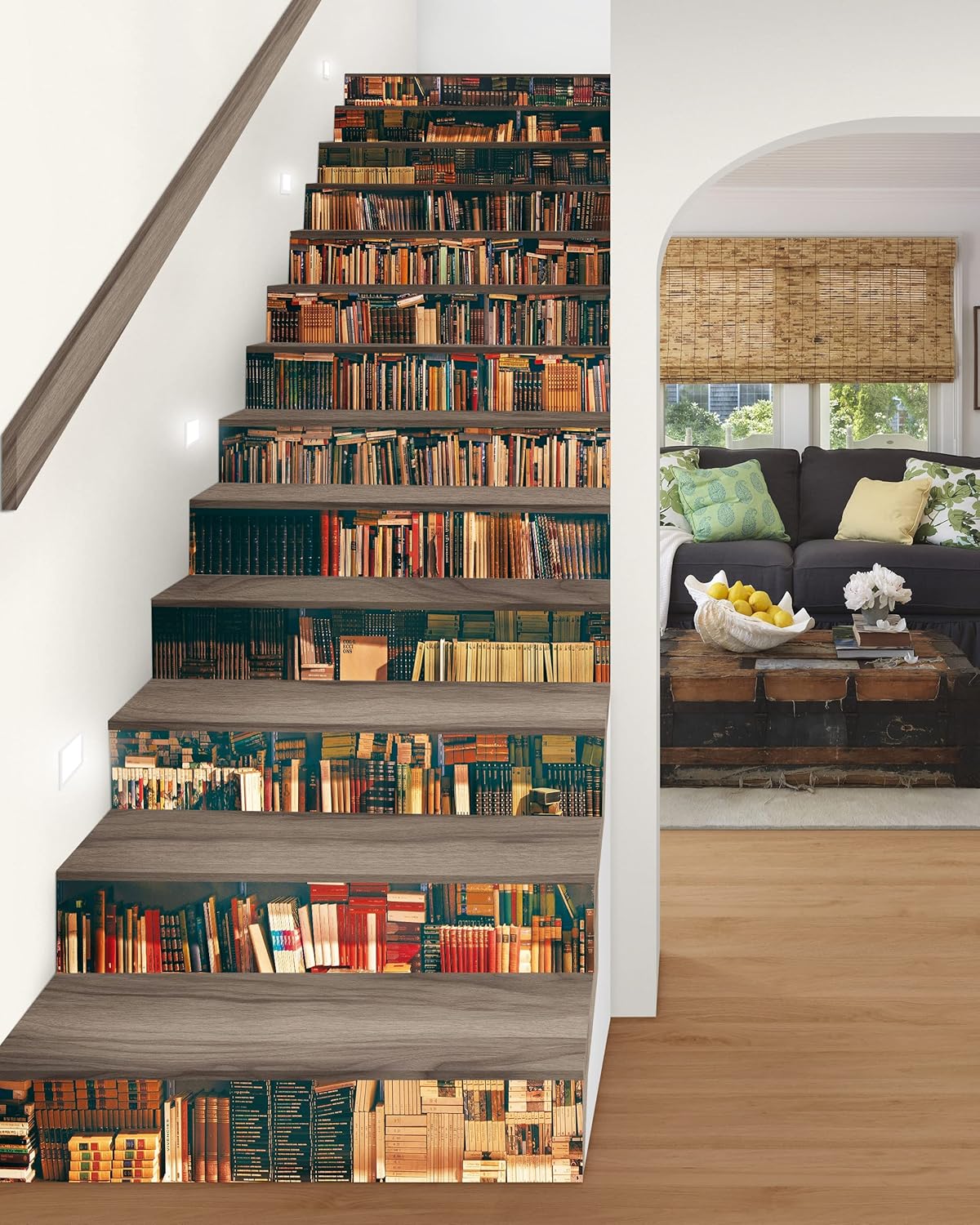 FLFK Stair Decals - Stair Stickers Decals Peel and Stick,Vintage Bookshelf Stair Risers Decals Self-Adhesive for Home Decor, 39.3" W x 7" H x 13Pcs
