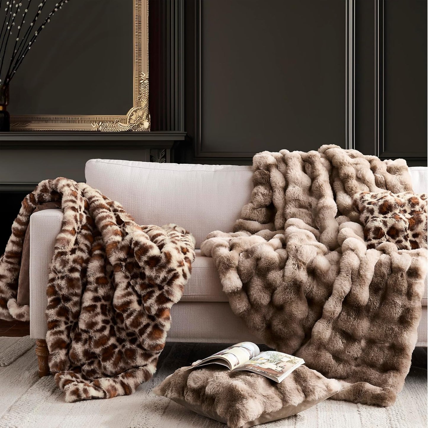 WDCOZY Luxury Bubble Throw Blanket, Faux Rabbit Fur Mink Plush Throw for Couch, Sofa and Bed, Soft Fluffy Fuzzy Furry Cozy Blanket, Thick and Warm for Women, 50x60 inches, Tie-Dye Grey, 950 GSM