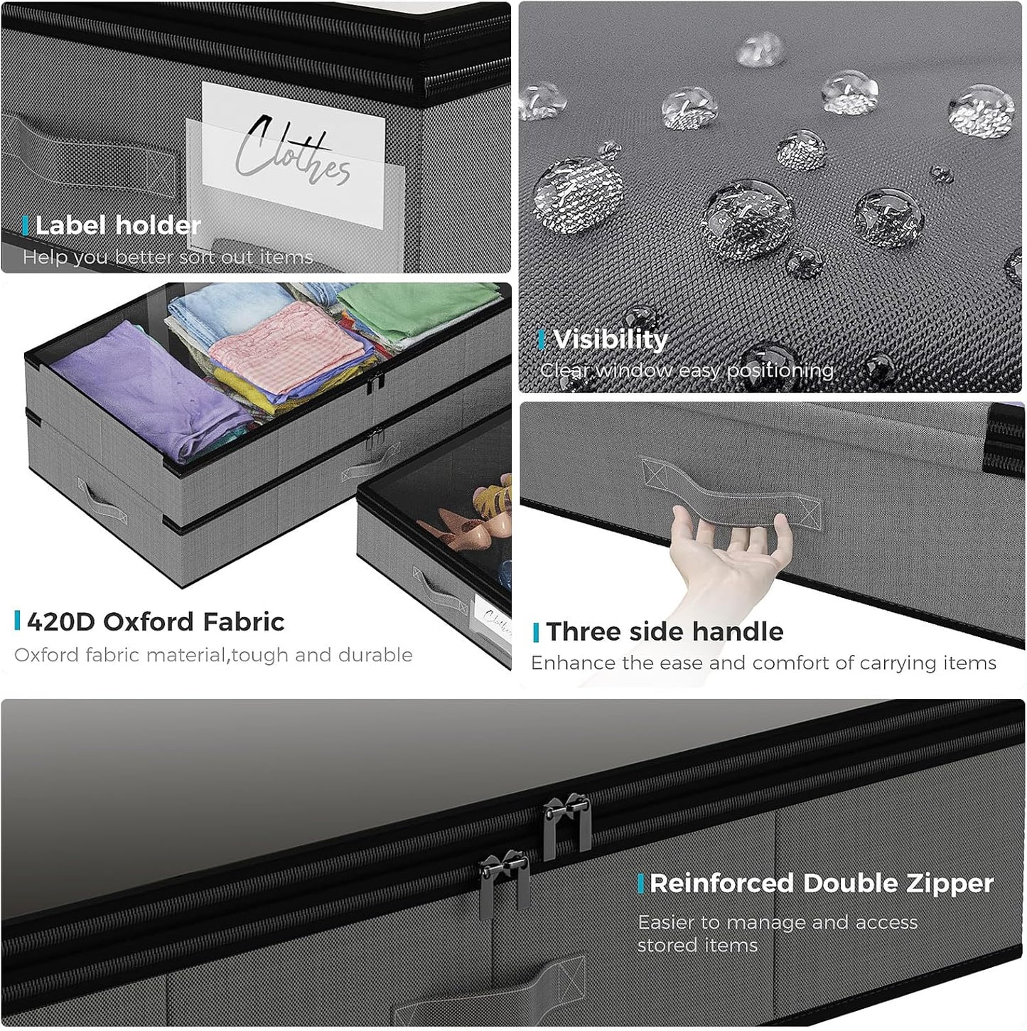 【4 compartments】2 Pack Under Bed Storage, Double Layer Extensible Underbed Storage Containers,Dust-free Clothes Storage Bins with Sturdy Sidewalls/Bottom,PVC Clear Window for Shoes Storage Organizer