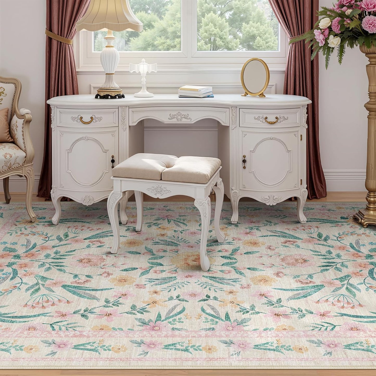 7x9 Area Rug Living Room Rugs,Pink Boho Floral Rug Washable Non-Slip Carpet for Girls Bedroom, Low Pile Soft Rug for Under Table or Bed, Aesthetic Home Décor