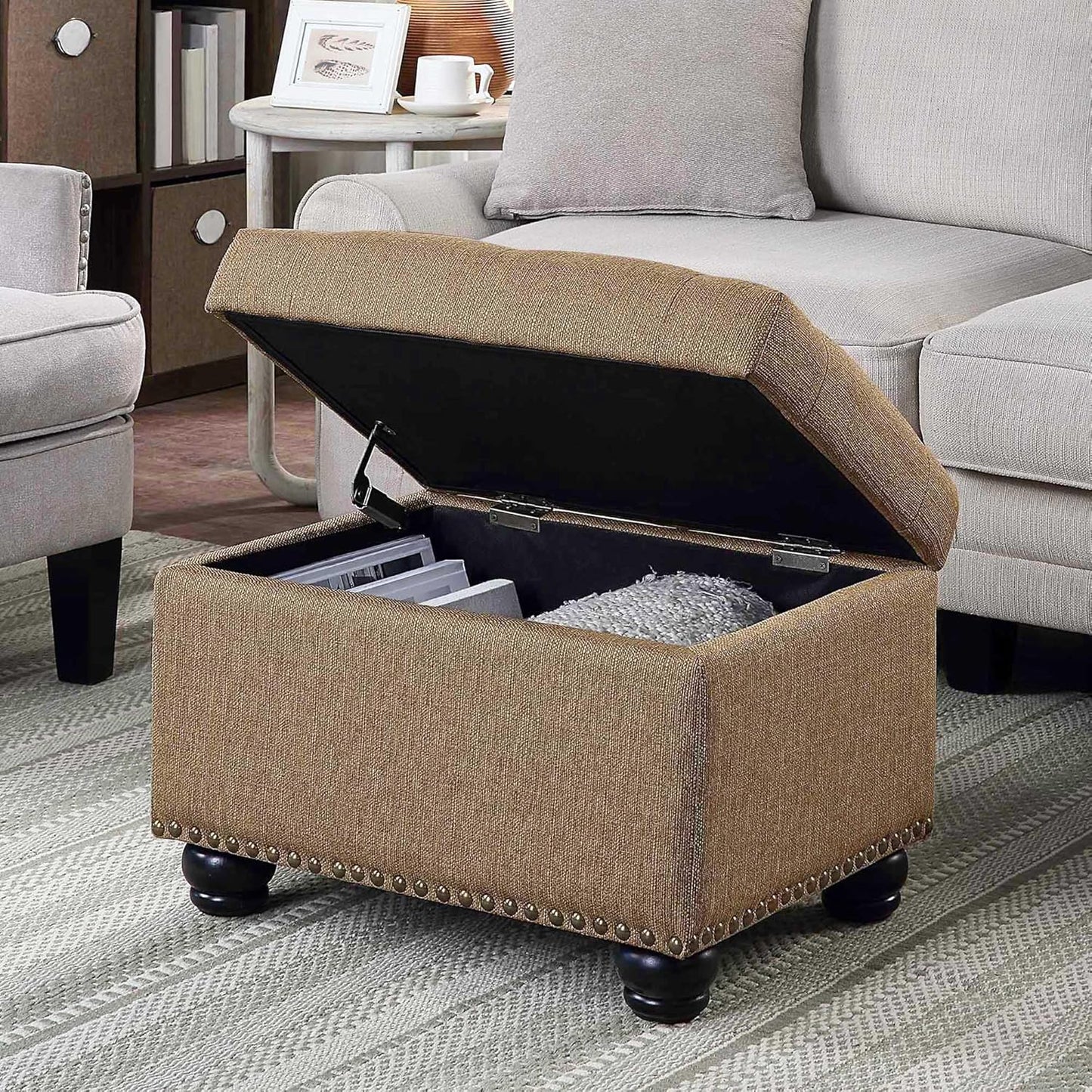 Convenience Concepts Designs4Comfort 5th Avenue Upholstered Storage Ottoman 24" - Contemporary Foot Stool and Seat with Hinged Lid for Living Room, Dining Room, Office, Den, Sandstone Fabric
