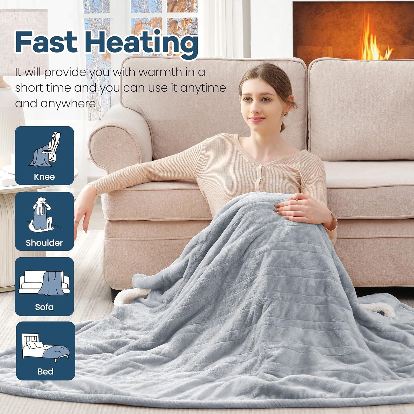 Heated Blanket Wearable Electric Blanket with Hood and Pockets, Heating Throw Blanket, Electric Heated Wrap Shawl with 6 Heating Levels Setting & 4 Hours Auto Shut Off, Machine Washable(Shrot, Grey)