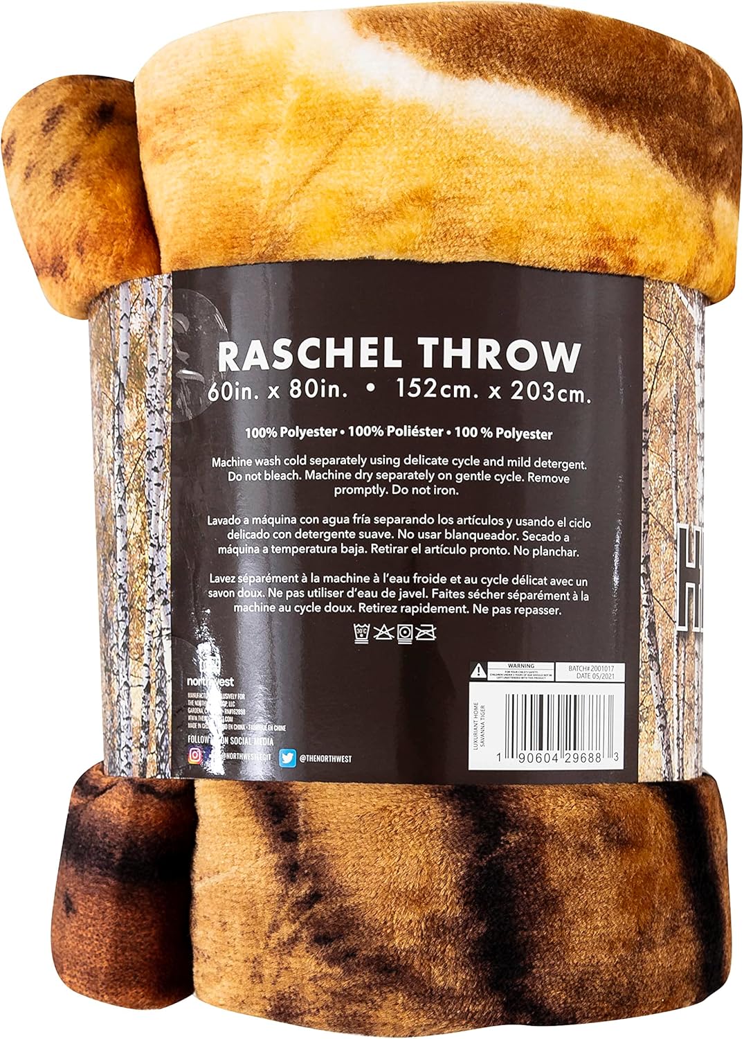 Northwest Wild Heritage Raschel Throw Blanket, 60" x 80", Savanna Tiger
