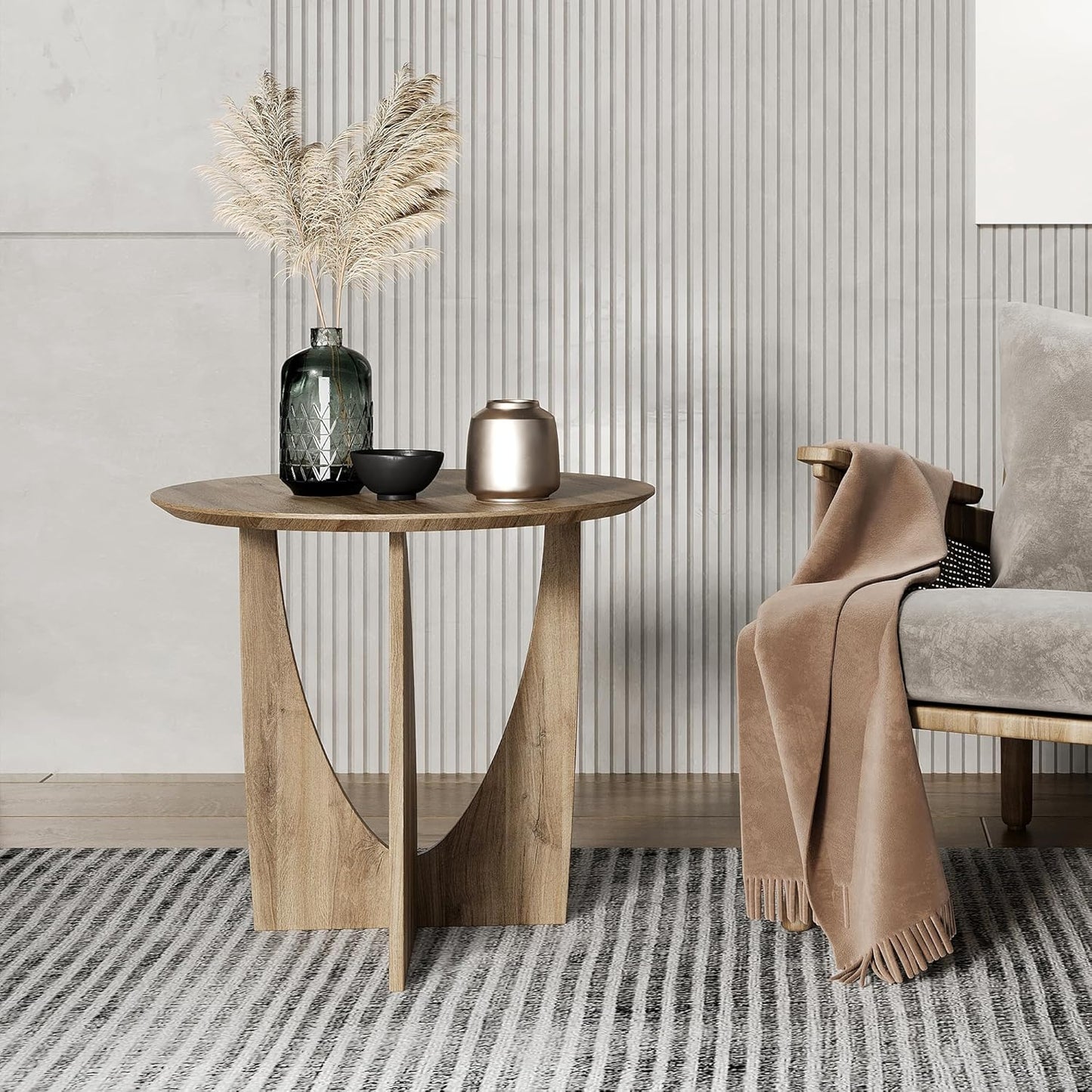 Round Side Table — Modern End Table with Oak Veneer, Natural Finish